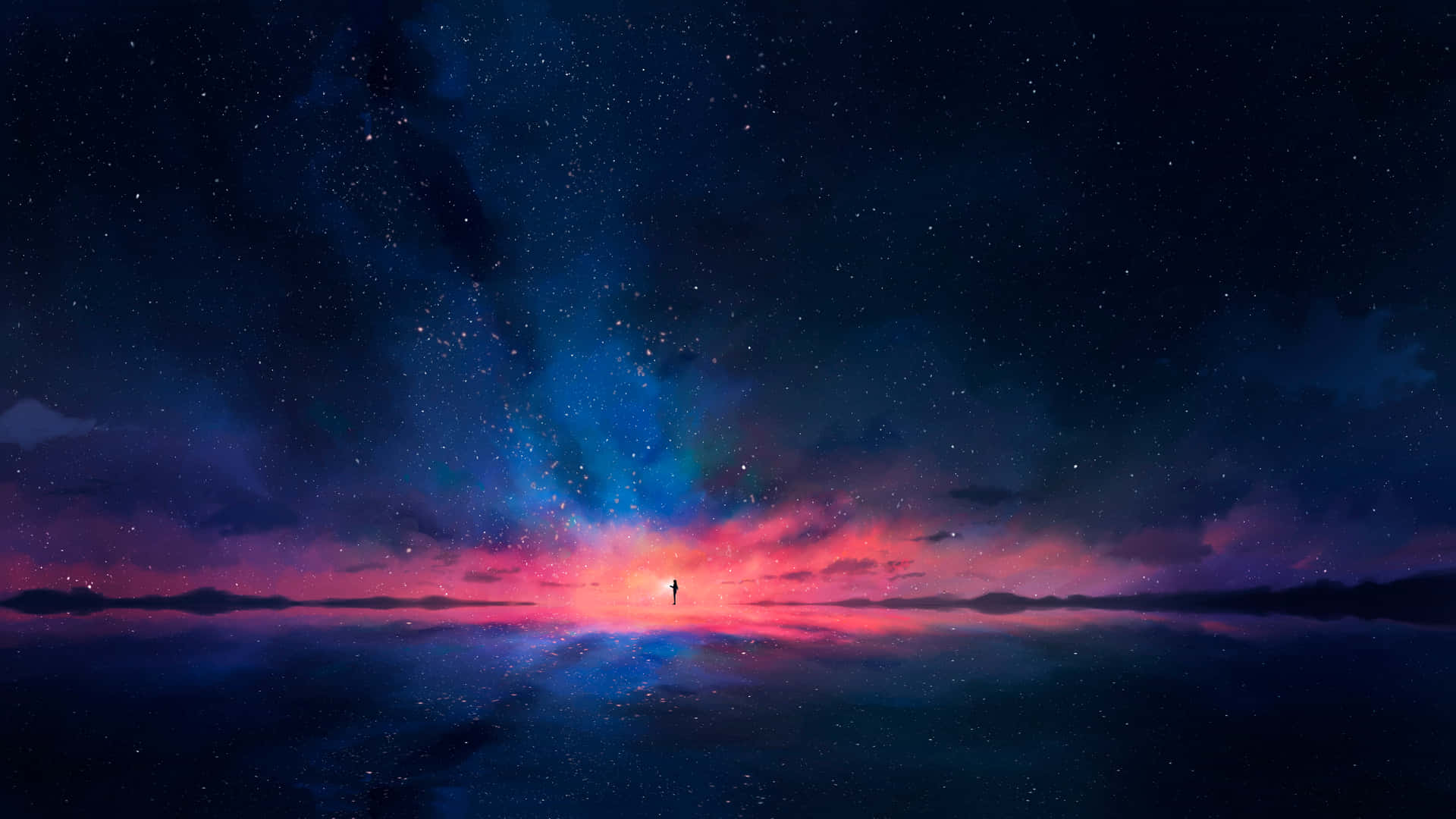  壁紙 — 一個孤獨的身影站在宇宙地平線上，下方是繁星點點的星雲，倒映在寧靜的外星海中。