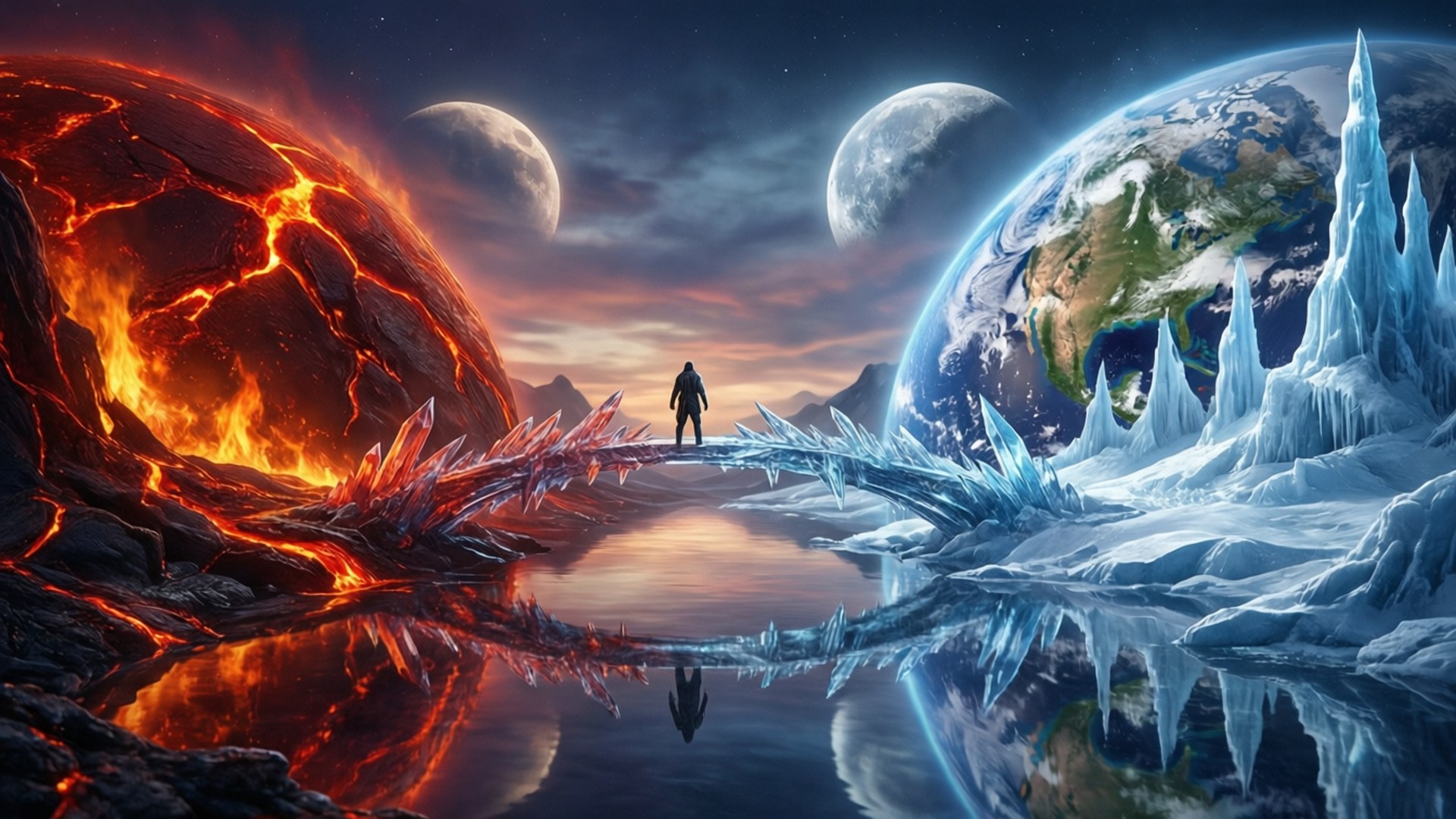 Multiverse Mobile 桌布 壁紙 — 一個孤獨的身影站在一座水晶橋上，橋樑跨越一個熾熱的熔岩行星和一個冰冷的行星，在暮色天空下，有月亮。