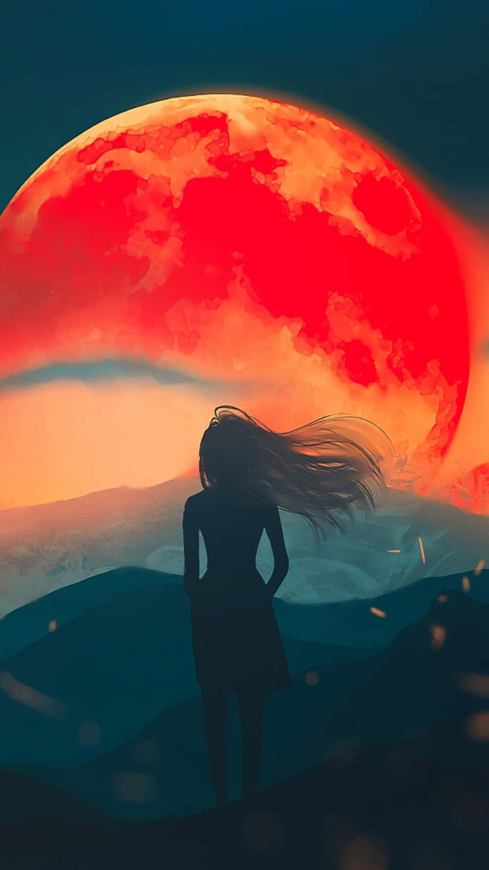 Sunset Painting 桌布 壁紙 — 一個孤獨的身影站在山丘上，凝視著一輪巨大的發光紅月，將溫暖的光芒灑向遠山。