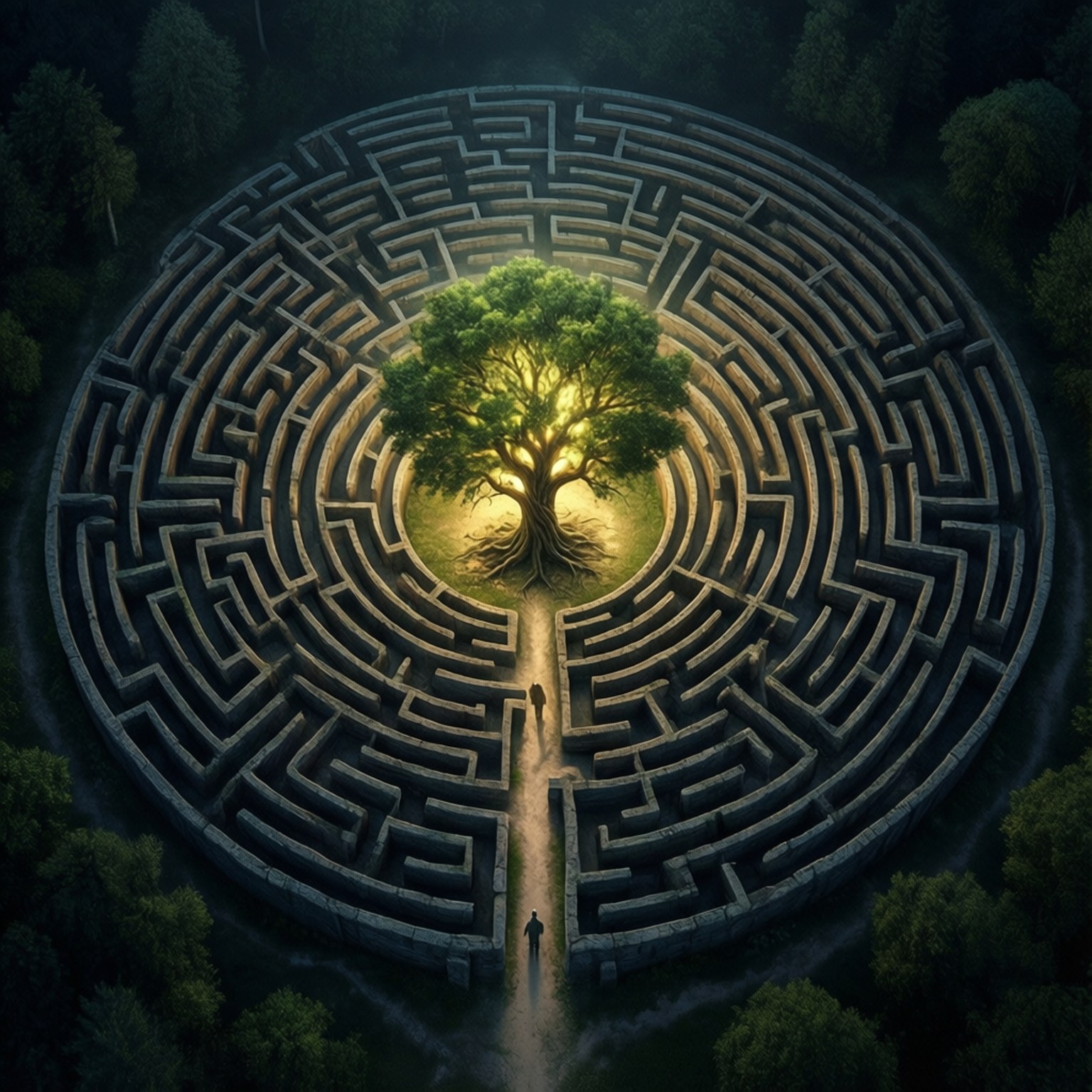 Labyrinth of Hope 壁紙 — 一個孤獨的身影沿著小路走向一個被黑暗森林包圍的廣闊石迷宮中央的發光樹。