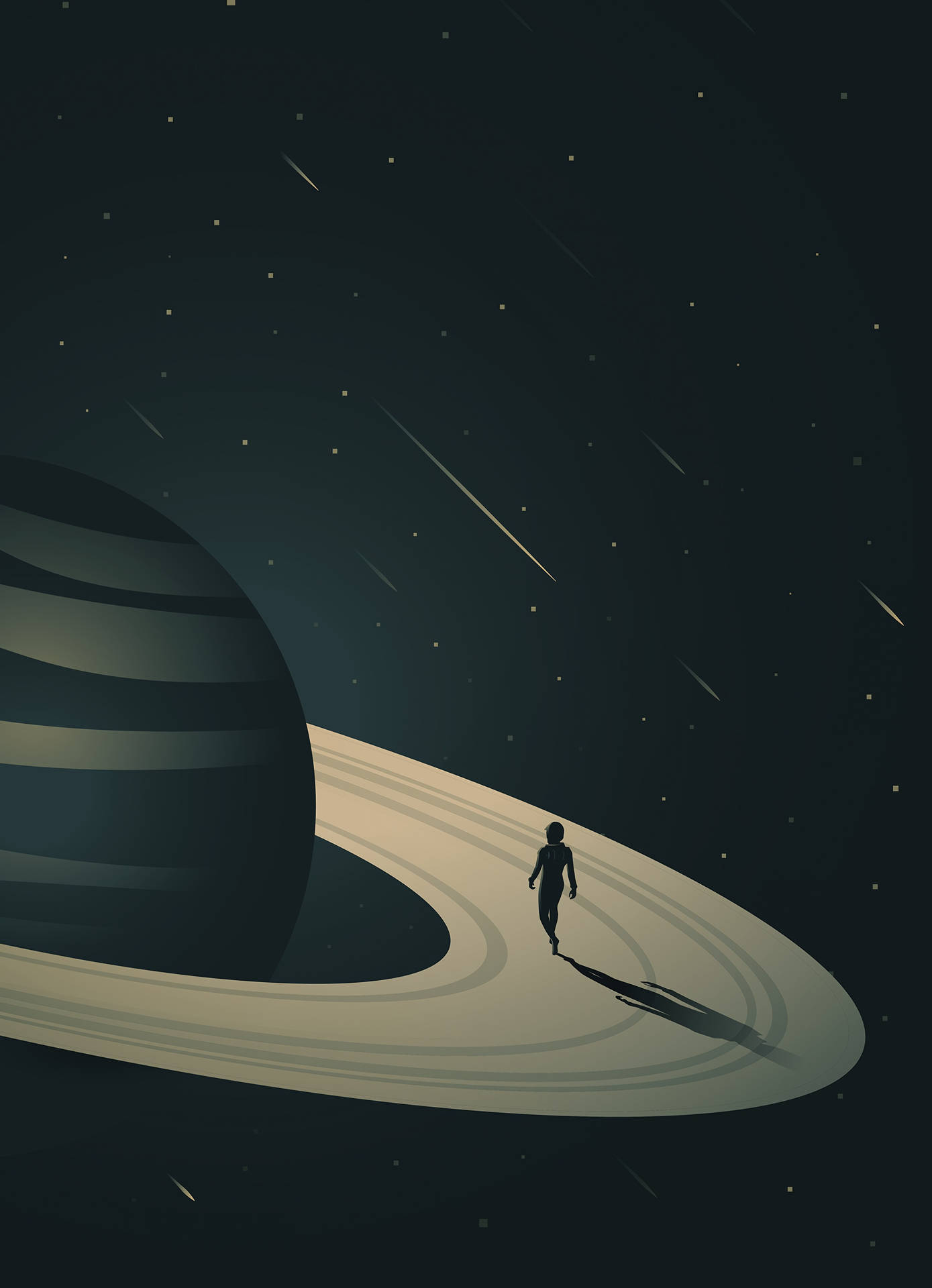一個人在行星的環上行走，背景是繁星點點的天空和流星。 — 土星 壁紙