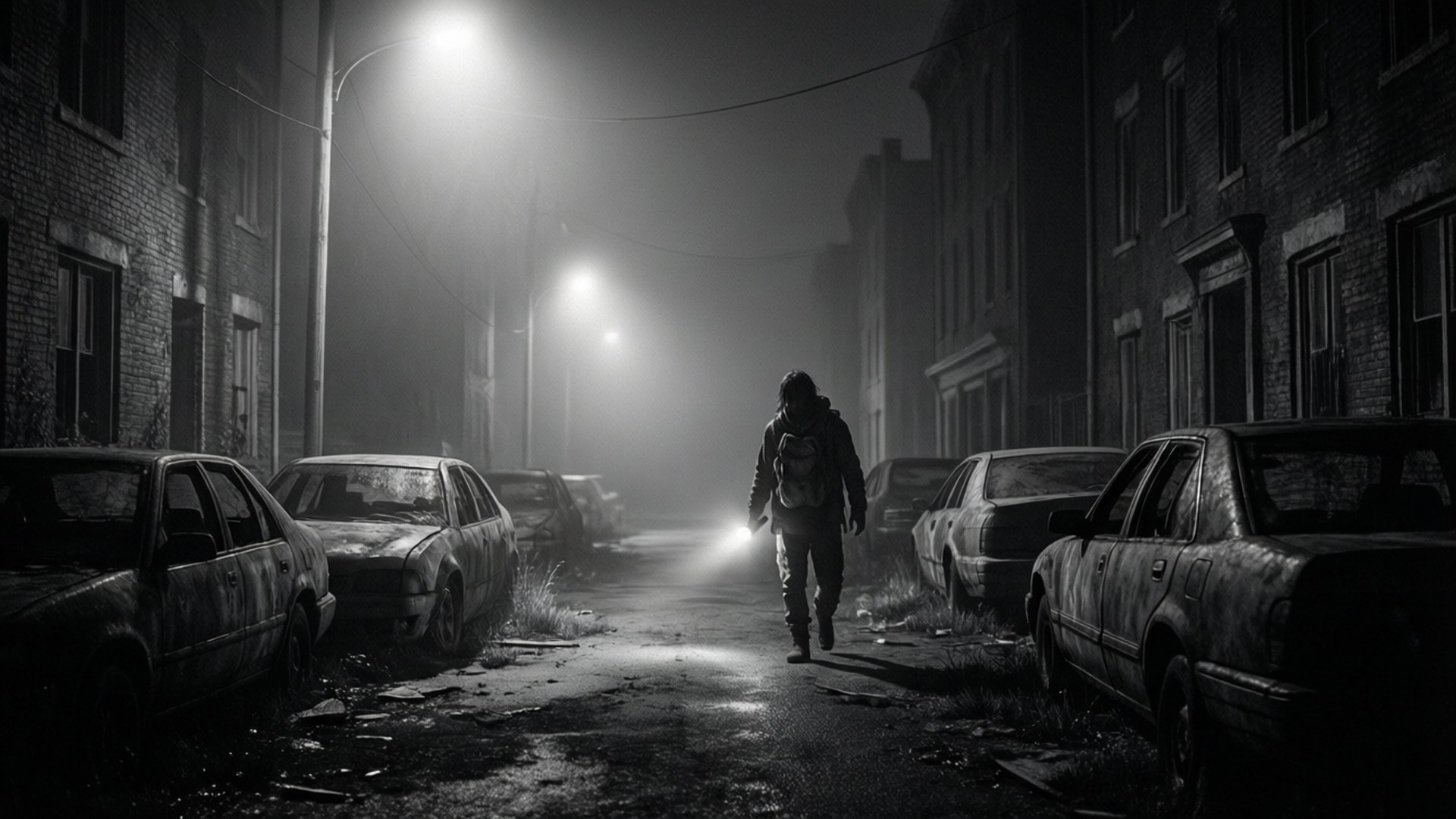 Foggy Streets 壁紙 — 一個孤獨的身影在夜晚霧氣瀰漫的廢棄街道上行走，手持手電筒照亮破舊的汽車和磚砌建築。