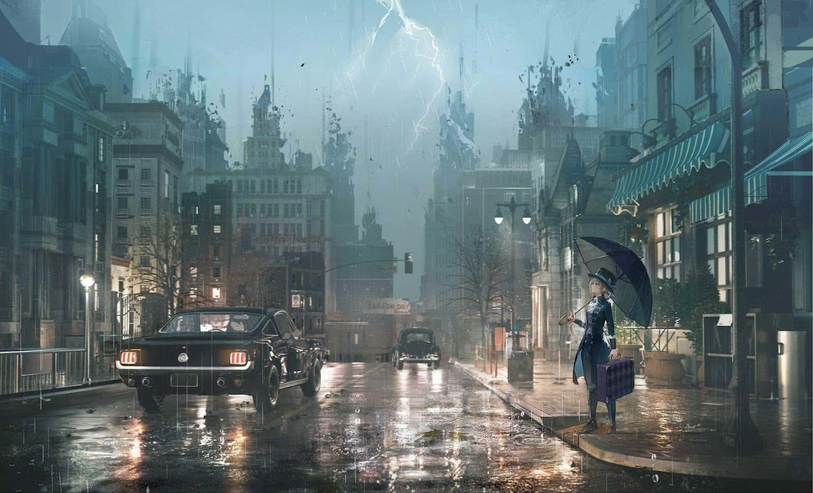  壁紙 — 一個孤獨的身影撐著雨傘站在被雨水浸濕的城市街道上，閃電劃過破舊的建築和經典汽車的上方。