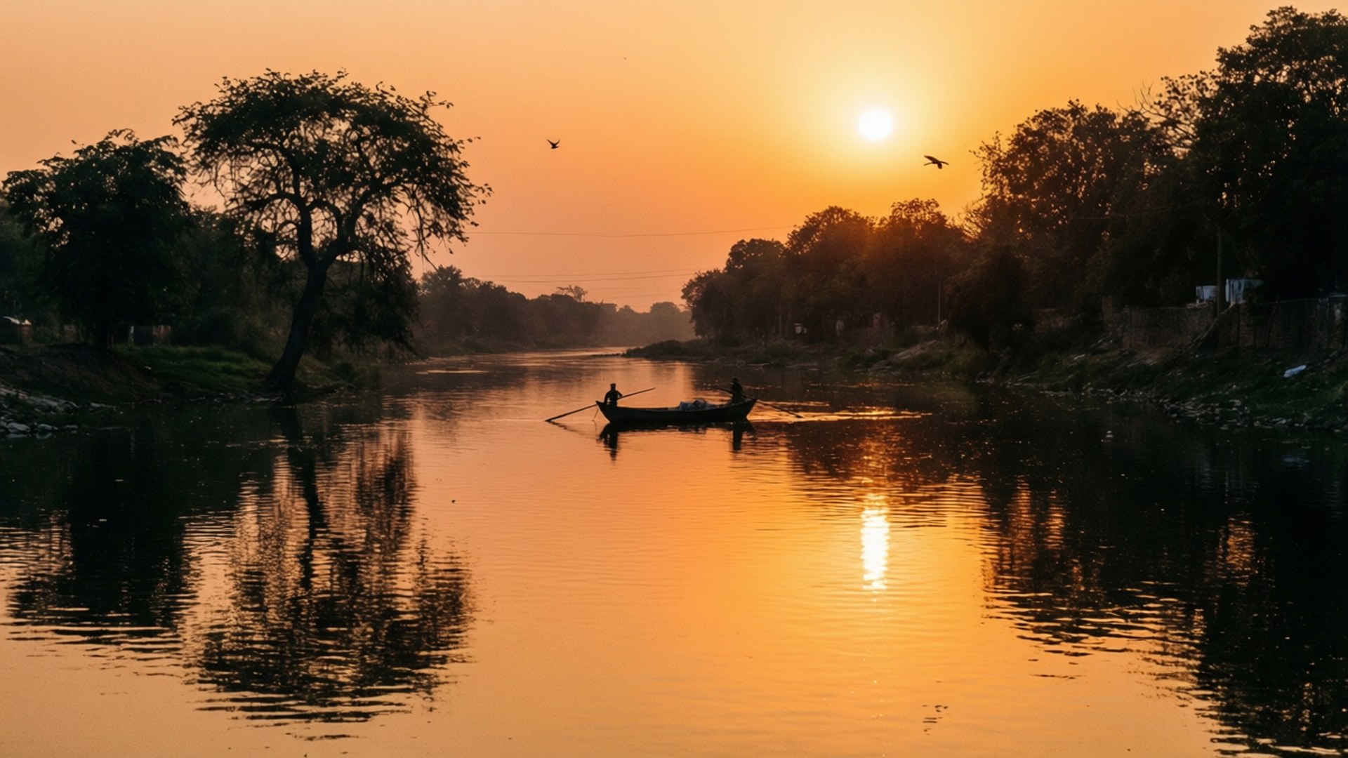 River Ravi Sunset 壁紙 — 一位孤獨的漁夫在金色日落時分划著小船穿過寧靜的河流，樹木和鳥兒形成剪影，鳥兒在頭頂飛翔。