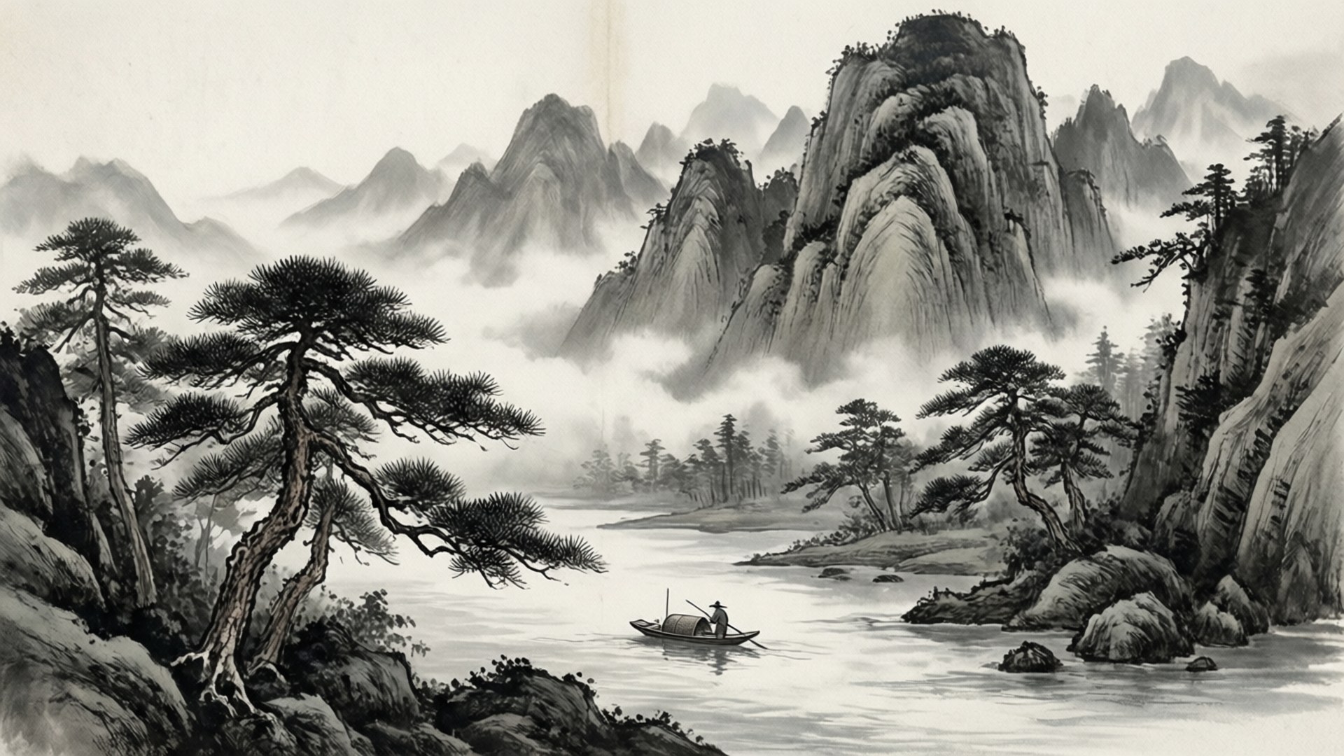 Ink Wash Mountains 壁紙 — 一位孤獨的漁夫划著小船穿過霧氣瀰漫的水面，周圍是高聳的松樹和崎嶇的山脈，呈現傳統水墨畫風景。