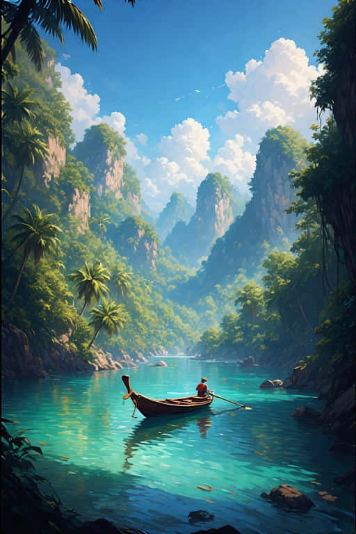 一位漁夫划著船穿過碧綠色的海水，周圍是茂密的叢林和高聳的懸崖，上方是明亮的藍天。 — 4K 壁紙