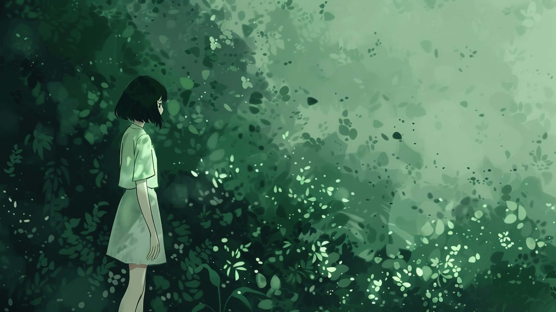  壁紙 — 一個穿著淺綠色連衣裙的孤獨女孩，站在茂密、夢幻般的翠綠葉叢森林中，沐浴在柔和散射的光線下。