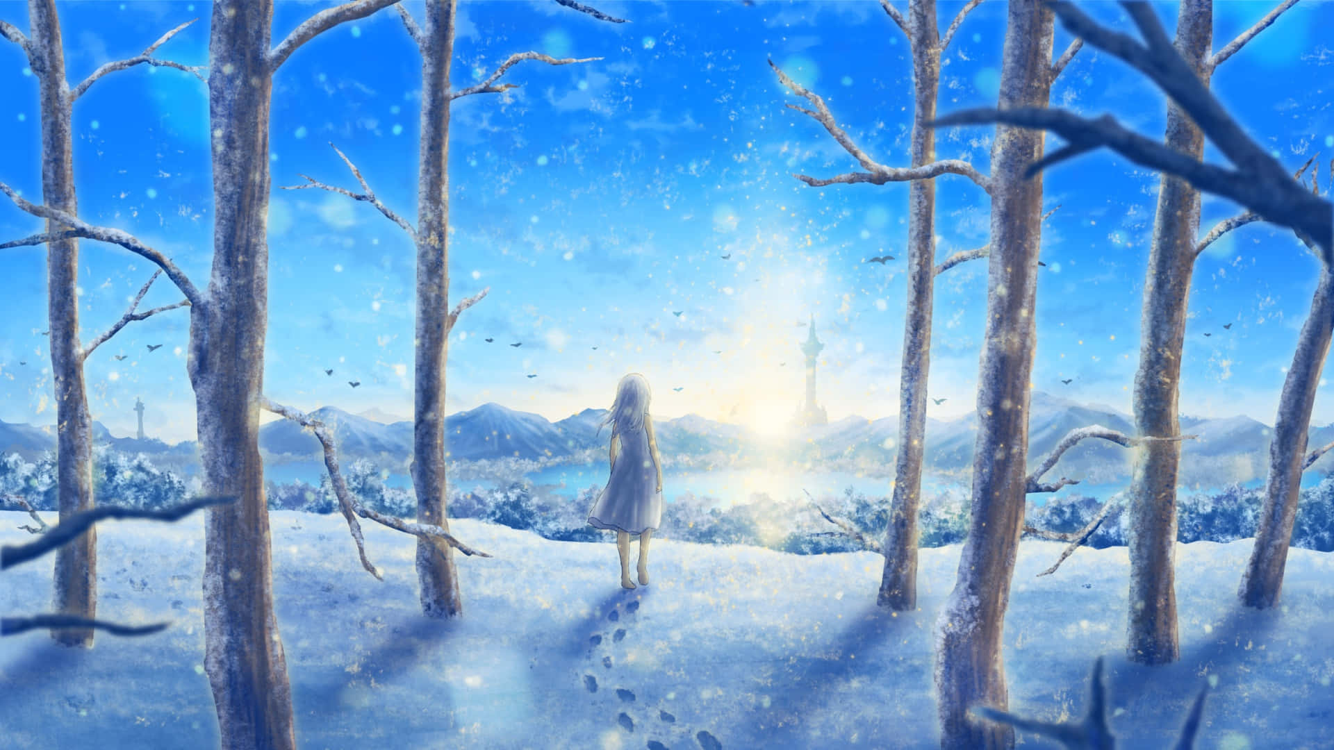  壁紙 — 一個孤獨的女孩在冬季森林中，凝視著在明亮的藍天下、飄雪中發光的遙遠塔樓。