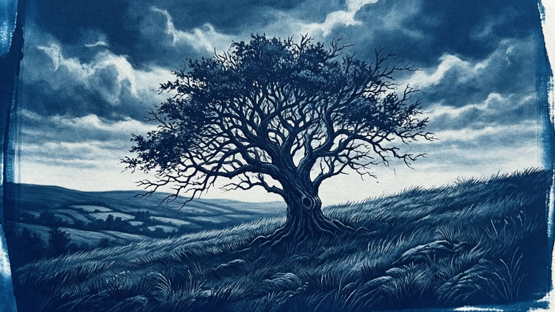 Lonely Tree Hill 壁紙 — 一棵孤獨的扭曲樹在單色藍色調的戲劇性多雲天空下，堅韌地矗立在長滿草的山丘上。