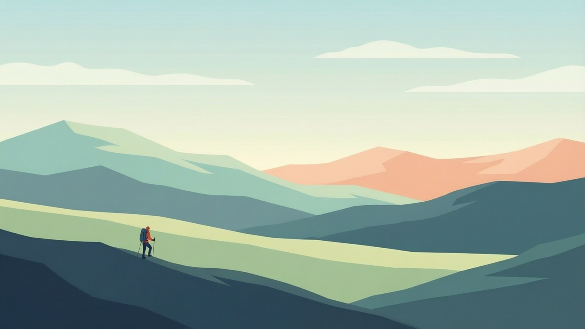 Minimalist Ridge Hike 壁紙 — 一個孤獨的遠足者背著紅色背包，沿著蜿蜒的小路穿過層疊的粉彩山脈，在柔和的天空下行走。