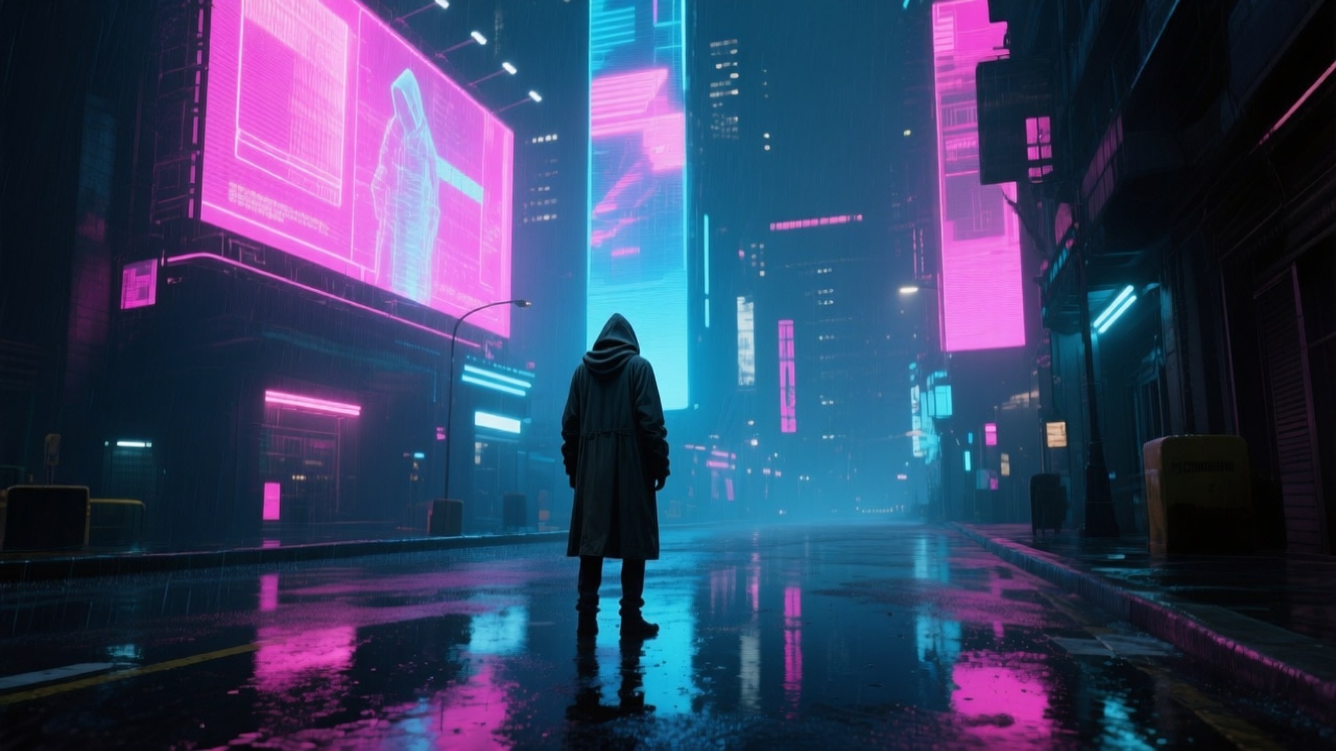 Neon Rain Solitude 壁紙 — 一個孤獨的戴帽人物站在雨水浸濕的霓虹燈賽博朋克小巷中，反射著高聳的數位廣告牌上的粉紅色和藍色燈光。