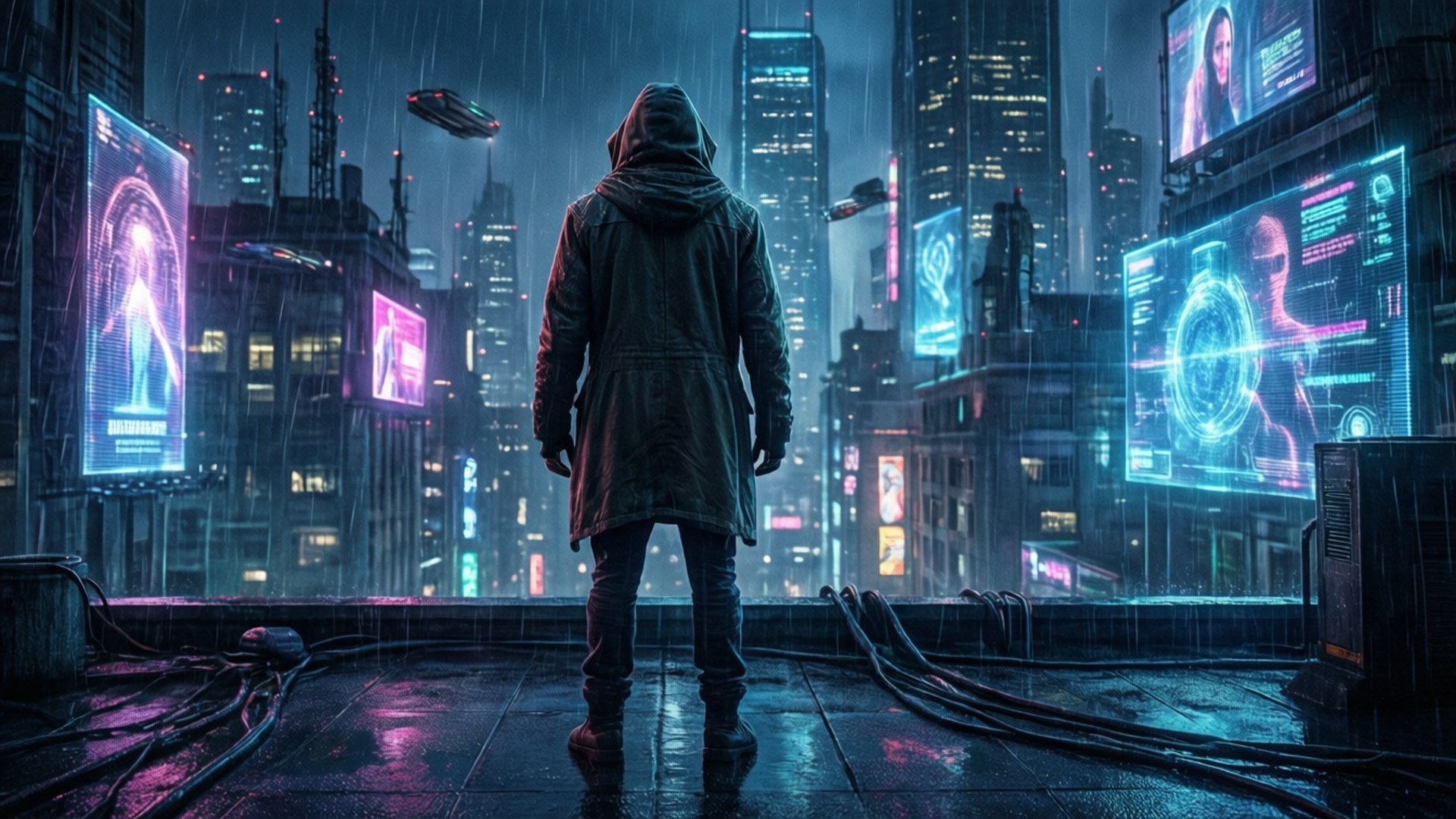 Neon Rooftop Watcher 壁紙 — 一個孤獨的戴帽人影站在被雨水打濕的屋頂上，俯瞰著一個充滿霓虹燈的賽博龐克城市景觀，有飛行的汽車和發光的全息廣告牌。