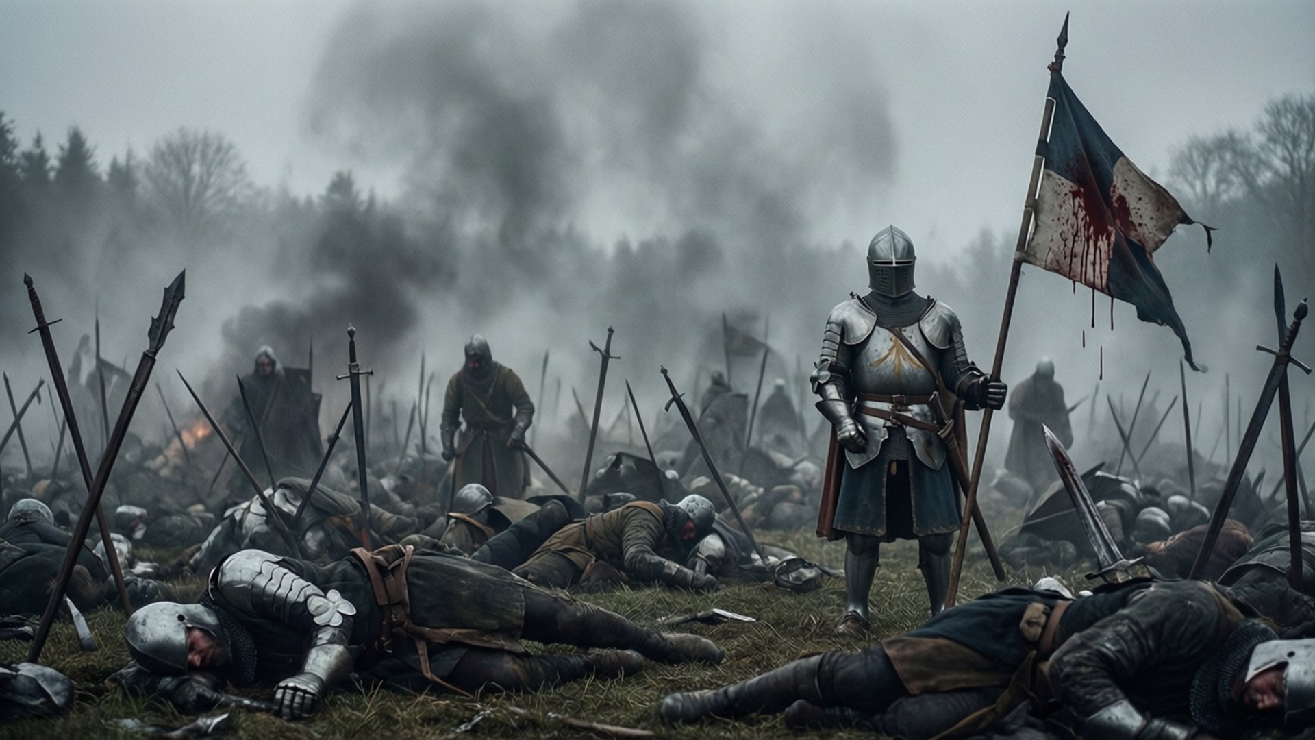 Aftermath of Medieval Battle 壁紙 — 一個身穿全副盔甲的孤獨騎士，站在煙霧瀰漫的戰場上，周圍是倒下的士兵和折斷的長矛。