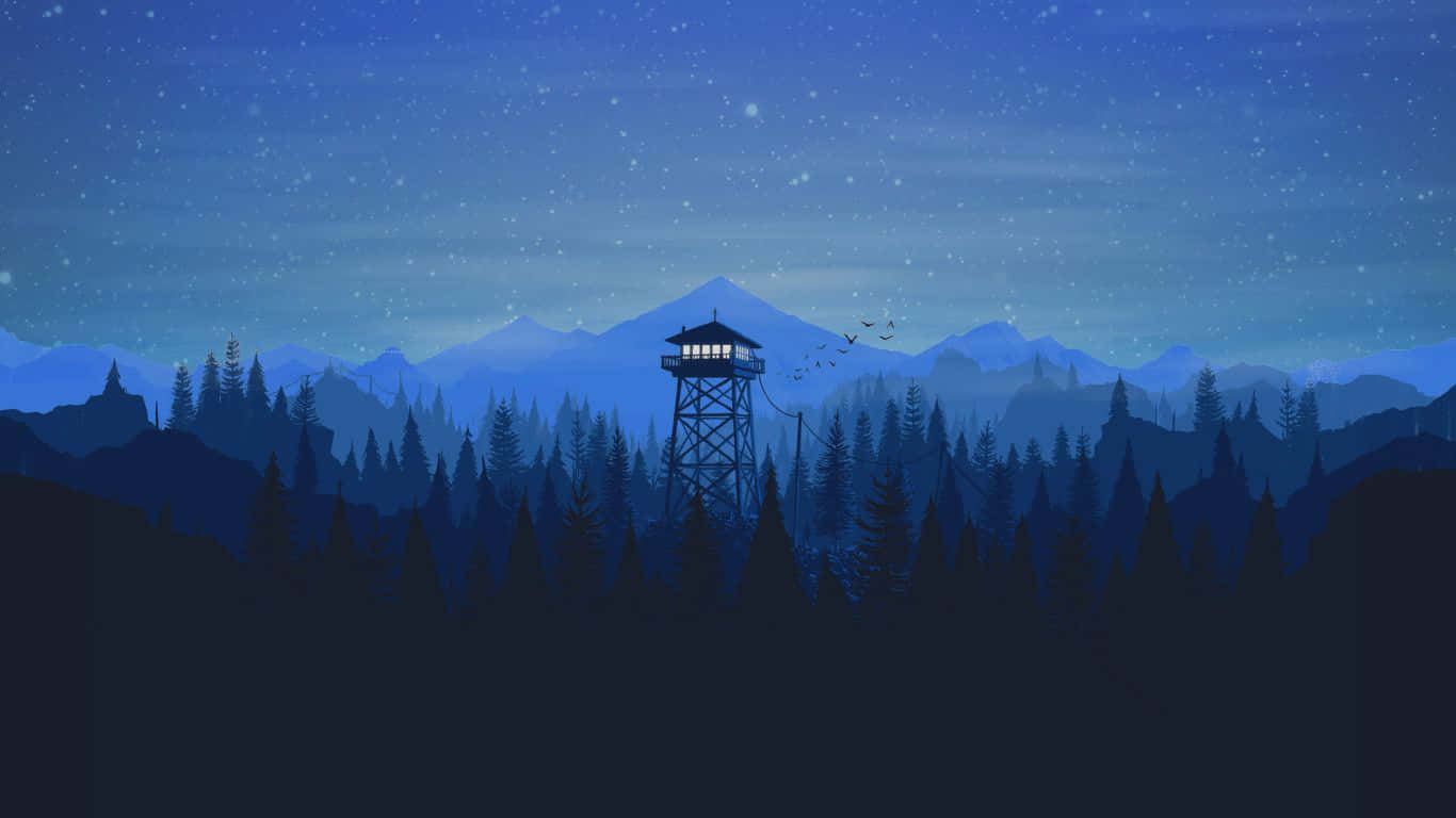 夜晚森林中的一座瞭望塔，星空下，背景有山。 — 1366X768 壁紙