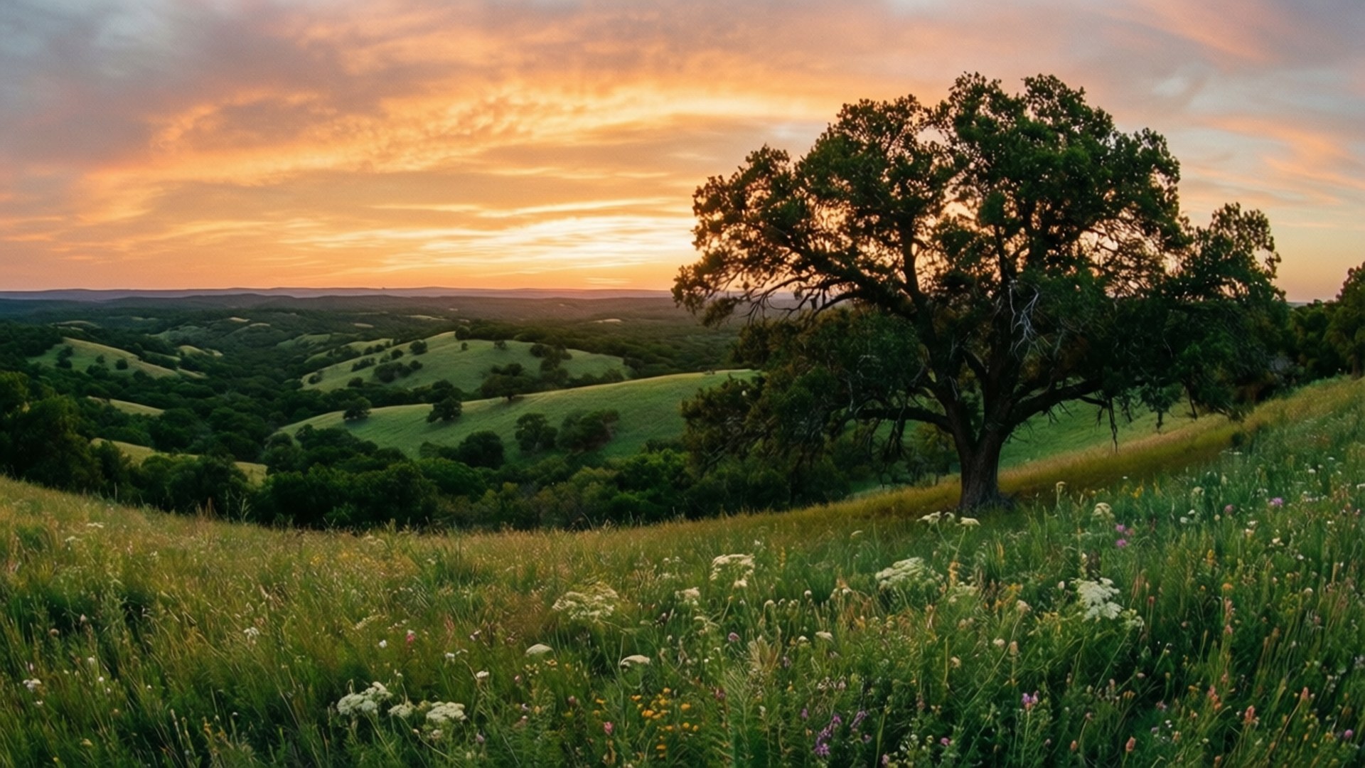 Texas Hill Country Sunset 壁紙 — 一棵孤獨雄偉的樹木矗立在日落時分的草地上，在火紅橙色的天空下，在起伏的綠色山丘上投下長長的陰影。