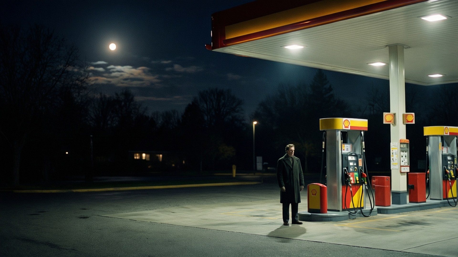 Midnight Gas Station Noir 壁紙 — 一個孤獨的男人穿著深色外套，在夜晚站在殼牌加油站的明亮燈光下，上方有一輪滿月。