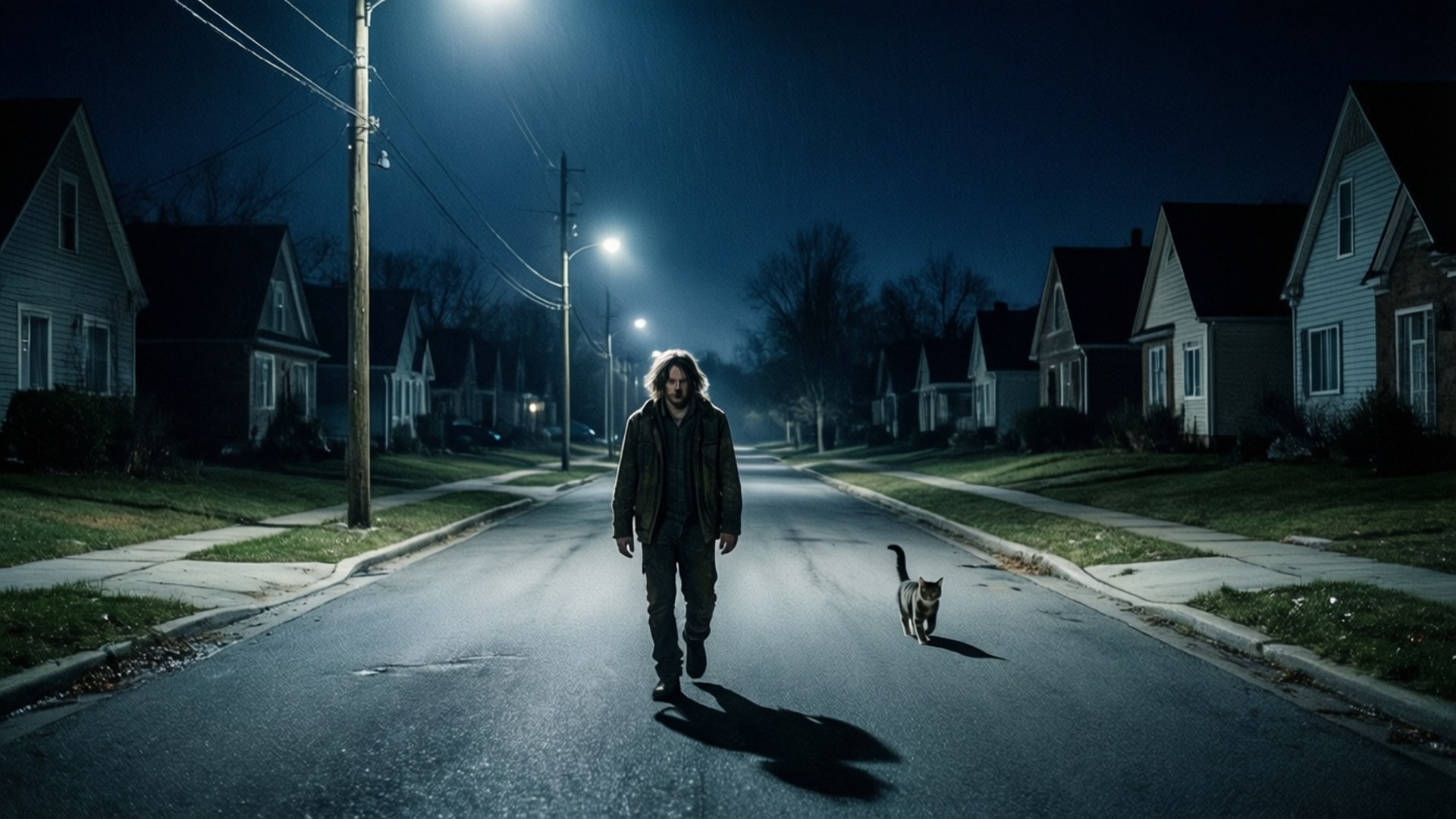the outsider 桌布 壁紙 — 一個孤獨的男人在夜晚沿著一條被雨水浸濕的郊區街道行走，一隻貓在發光的街燈下在他身邊小跑。