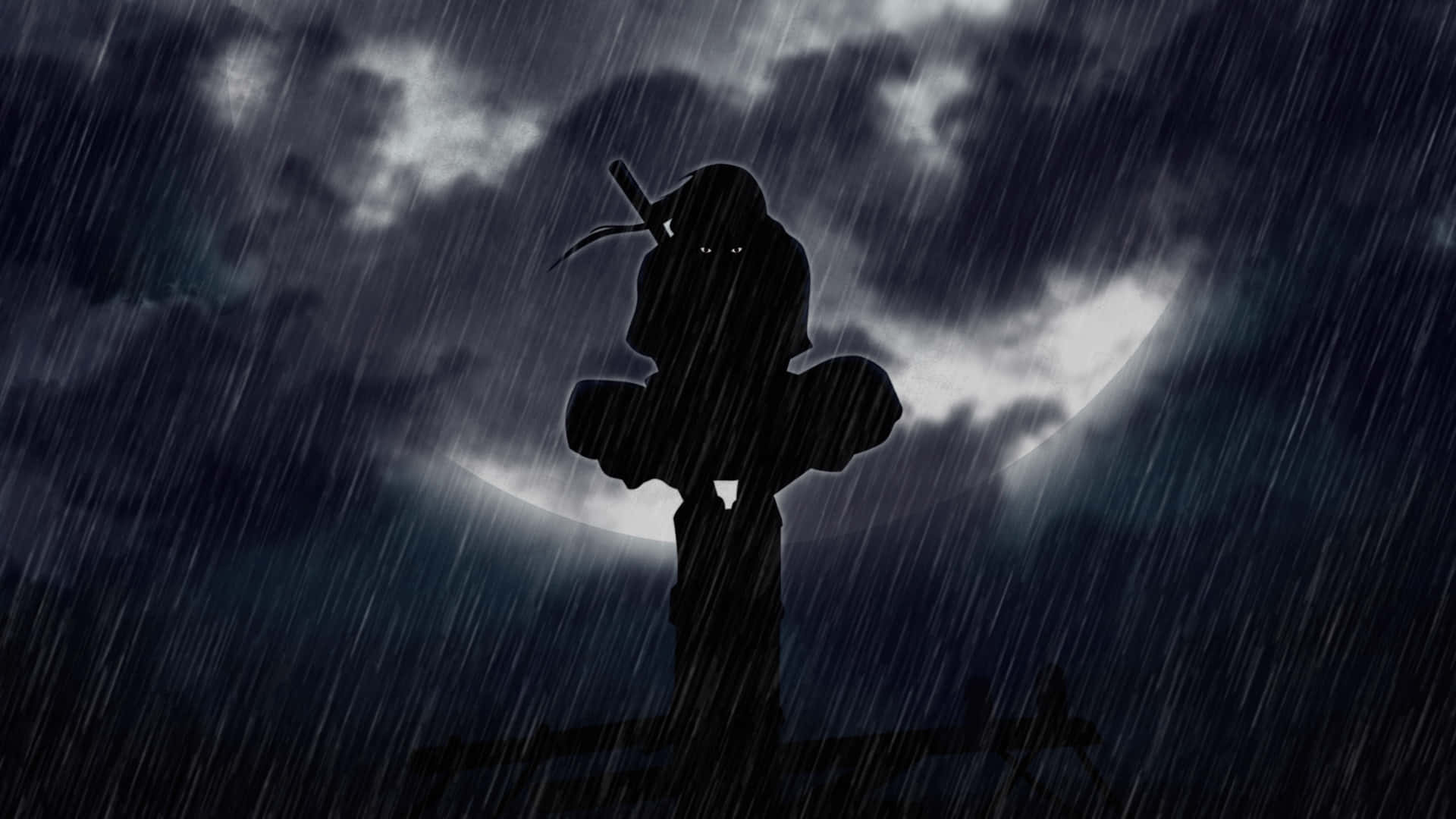 一個忍者戰士在新月下，雨中站立，眼睛發光。 — 宇智波伊勢 壁紙