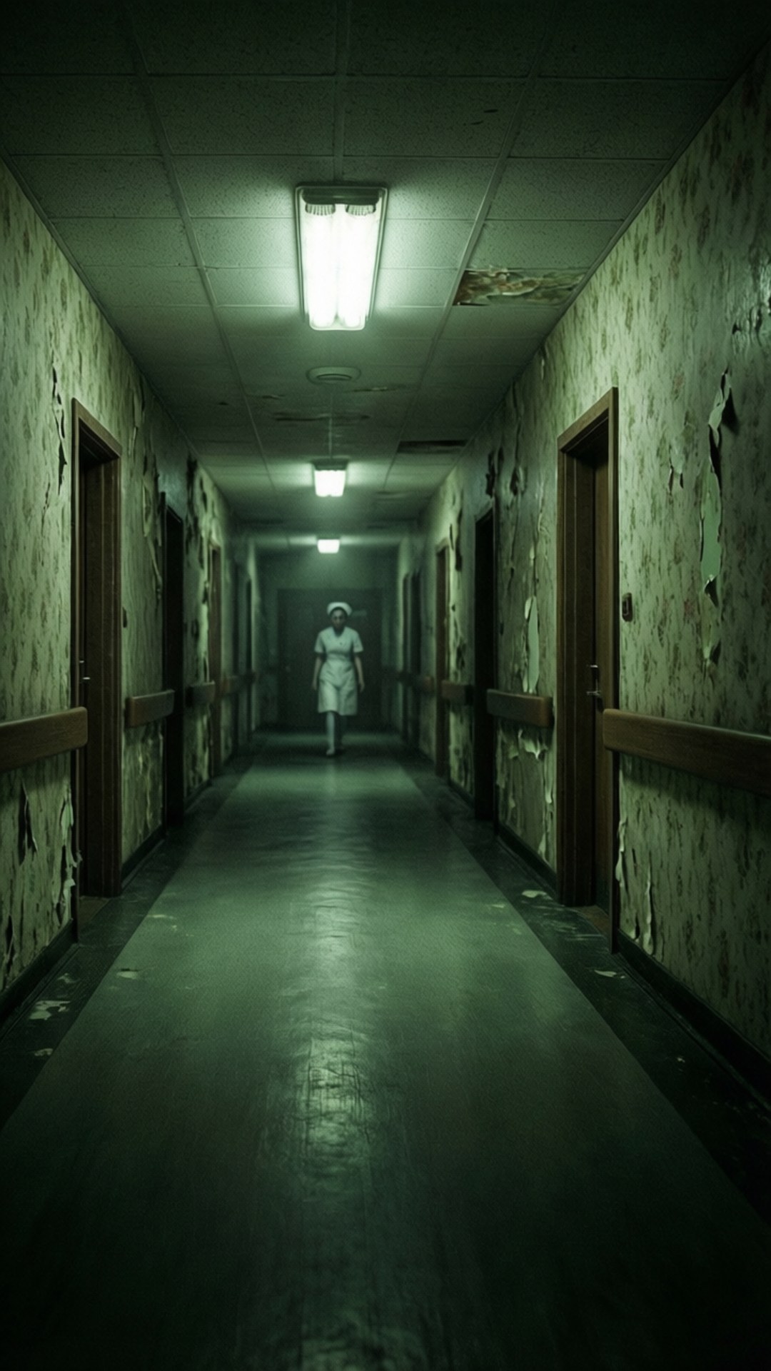 Hospital Hallway Nurse 壁紙 — 一位身穿白衣的孤獨護士走在一條燈光昏暗、破舊不堪的醫院走廊上，壁紙剝落，螢光燈閃爍。