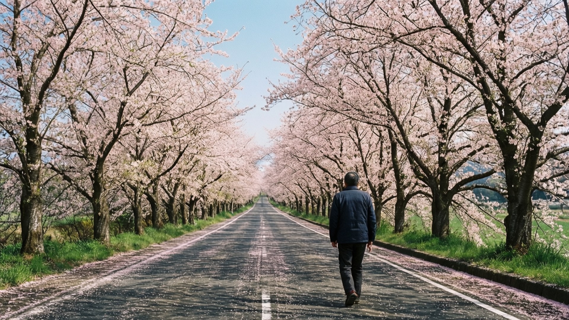 Road of Sakura 壁紙 — 一個孤獨的人沿著一條筆直的道路行走，兩旁是盛開的櫻花樹，頭頂是清澈的藍天。
