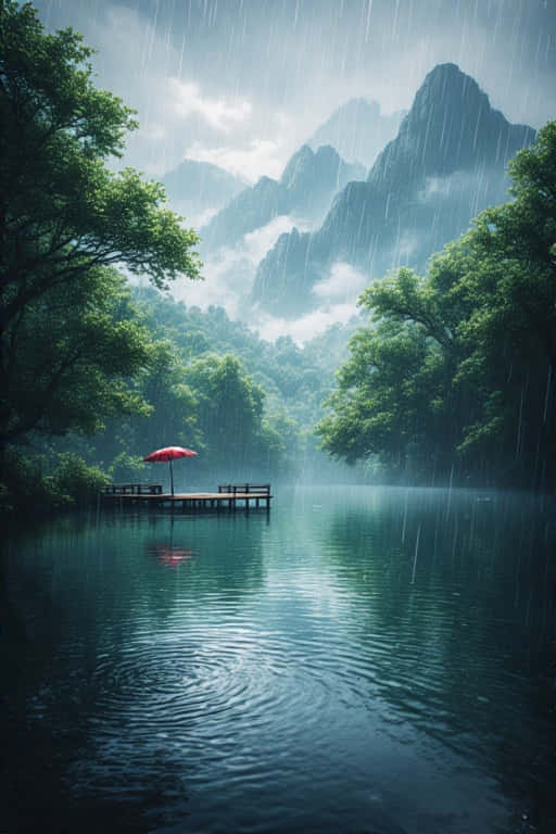 雨中碼頭上的紅色雨傘，背景有山和樹木 — 4K 壁紙