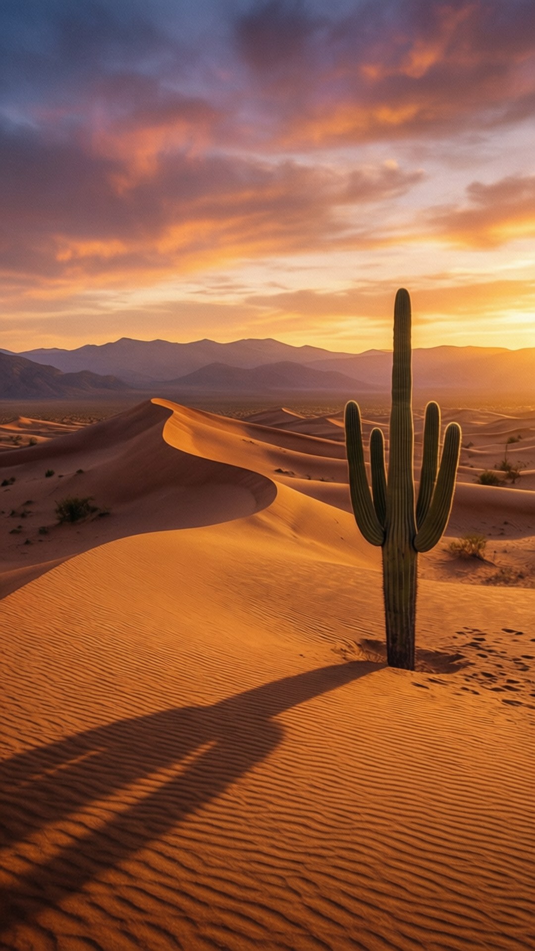 Desert Dunes Sunset 壁紙 — 一棵孤獨的薩瓜羅仙人掌在熾熱的日落天空下，在波紋狀的沙丘上投下長長的影子，遠處有山脈。