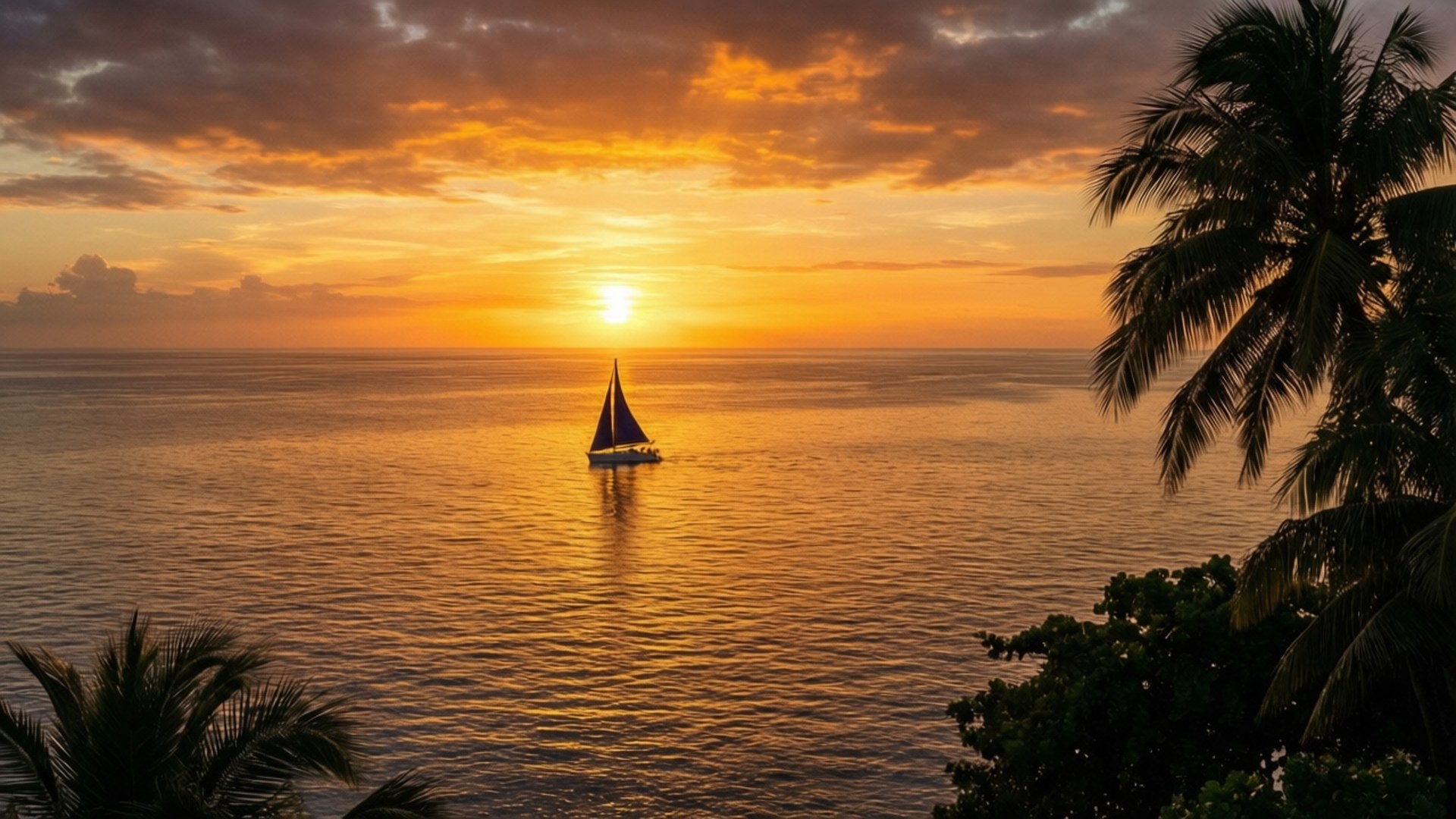 Golden Ocean Sunset 壁紙 — 一艘孤獨的帆船在金色水域上滑行，太陽在棕櫚樹框住的戲劇性橙色雲層後落下。