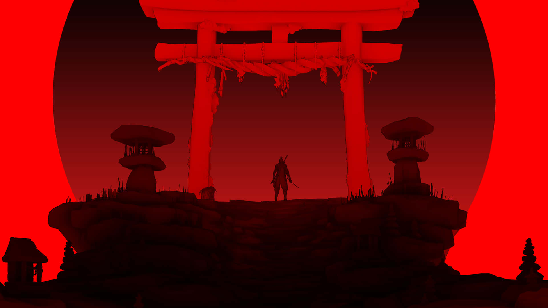  壁紙 — 一個孤獨的武士站在鳥居前，血紅的月亮下，極簡數位場景。