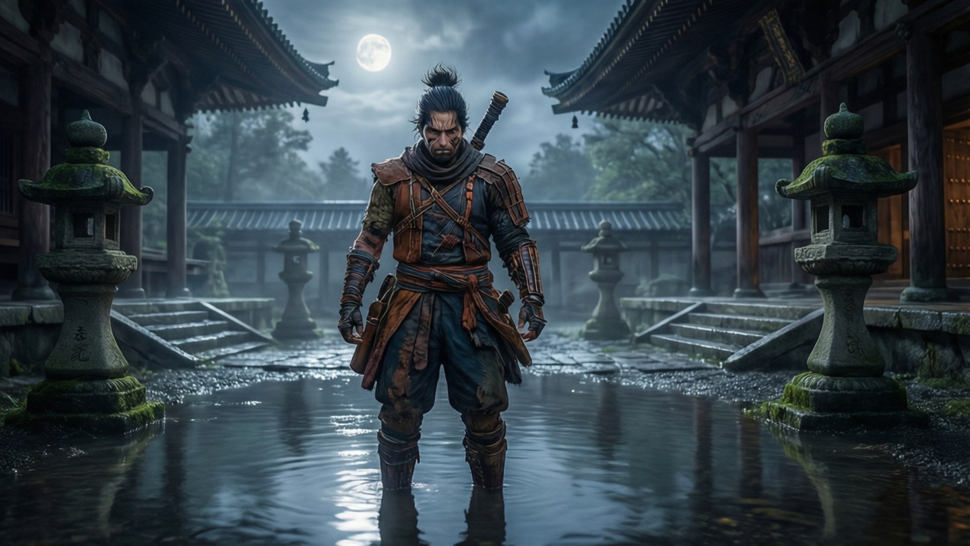 Sekiro 4K 桌布 壁紙 — 一個孤獨的武士站在月光下的雨中，在迷霧籠罩的日本寺廟庭院中映照出他的剪影。