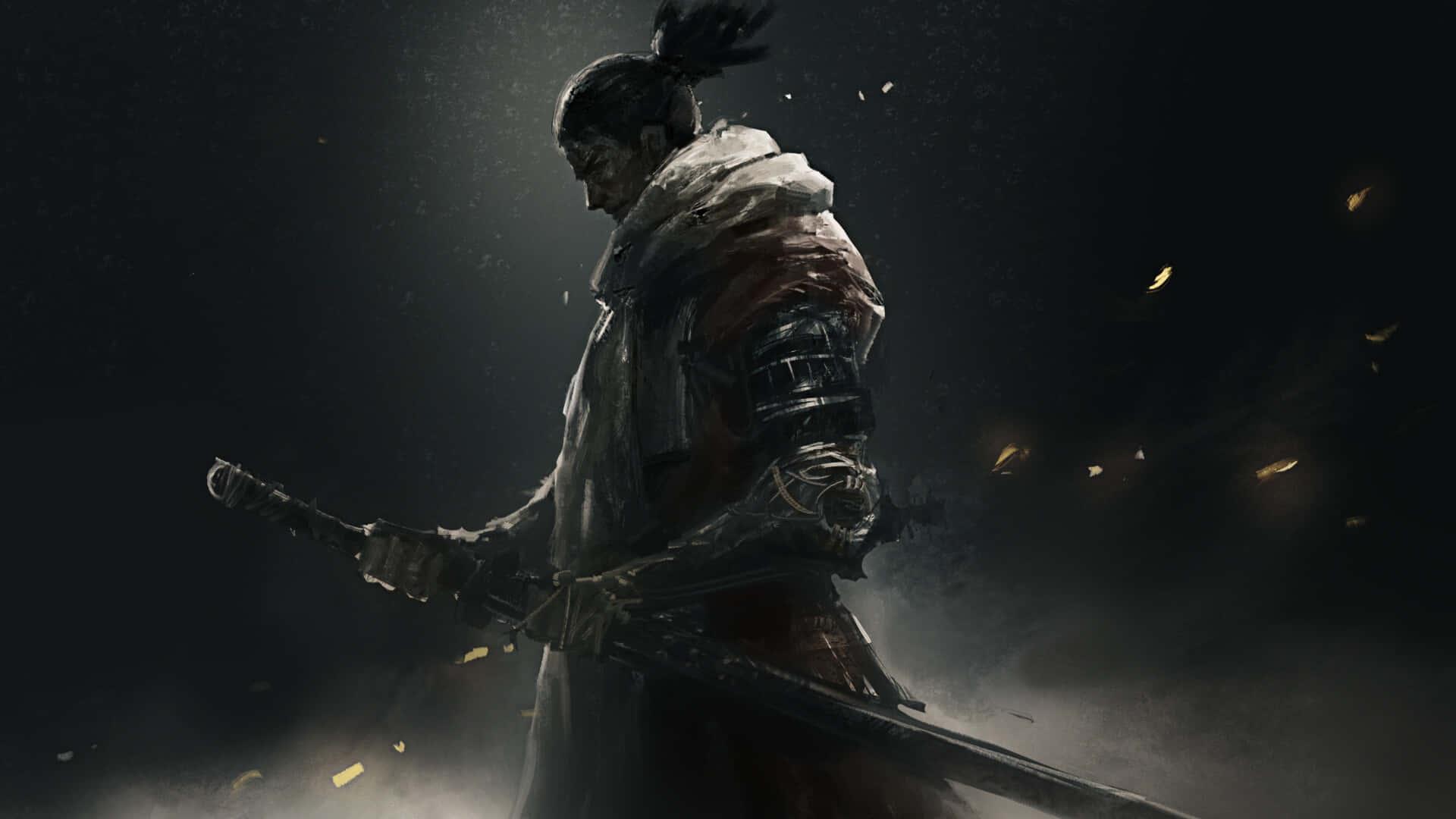  壁紙 — 一位孤獨的武士戰士站在陰暗的黑暗中，手持一把刀，發光的餘燼在他周圍漂浮。