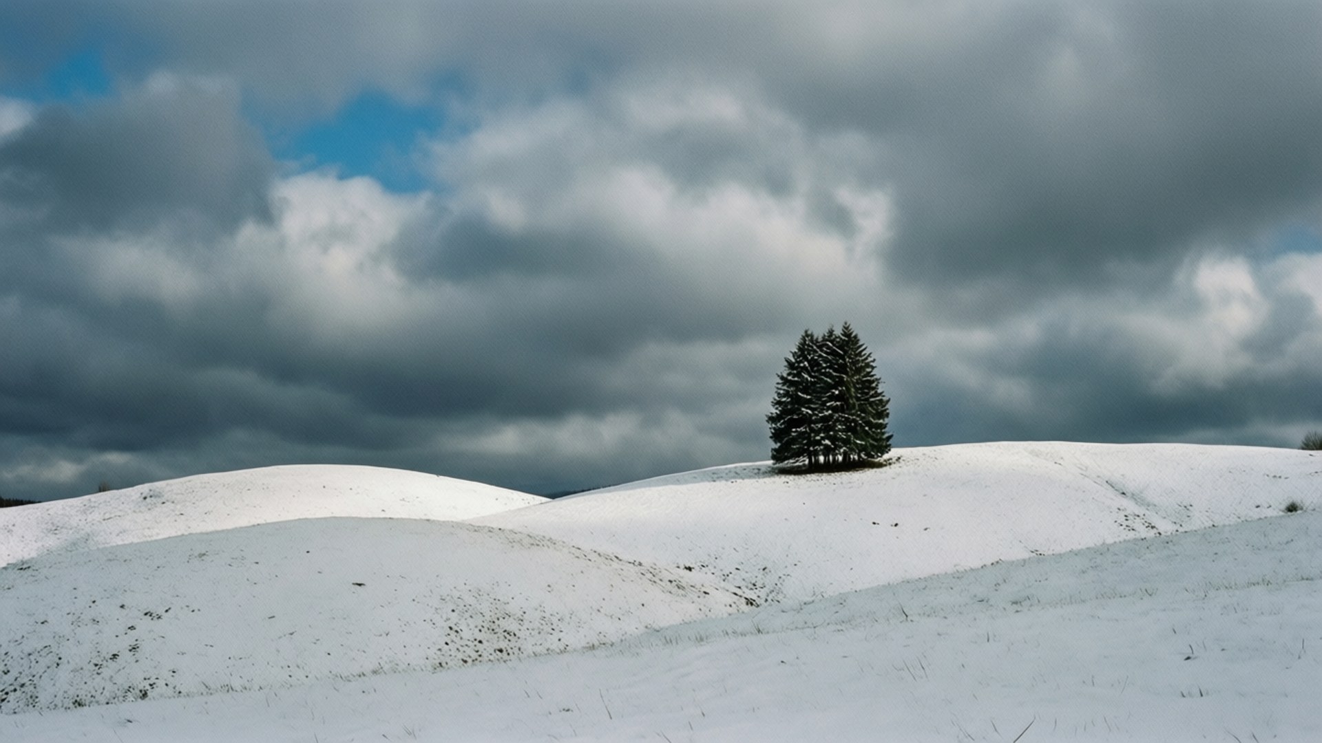 Lone Tree on Snowy Hills 壁紙 — 一棵孤獨的、沾滿雪花的松樹矗立在起伏的雪覆蓋的山丘上，天空烏雲密布，景象壯觀。