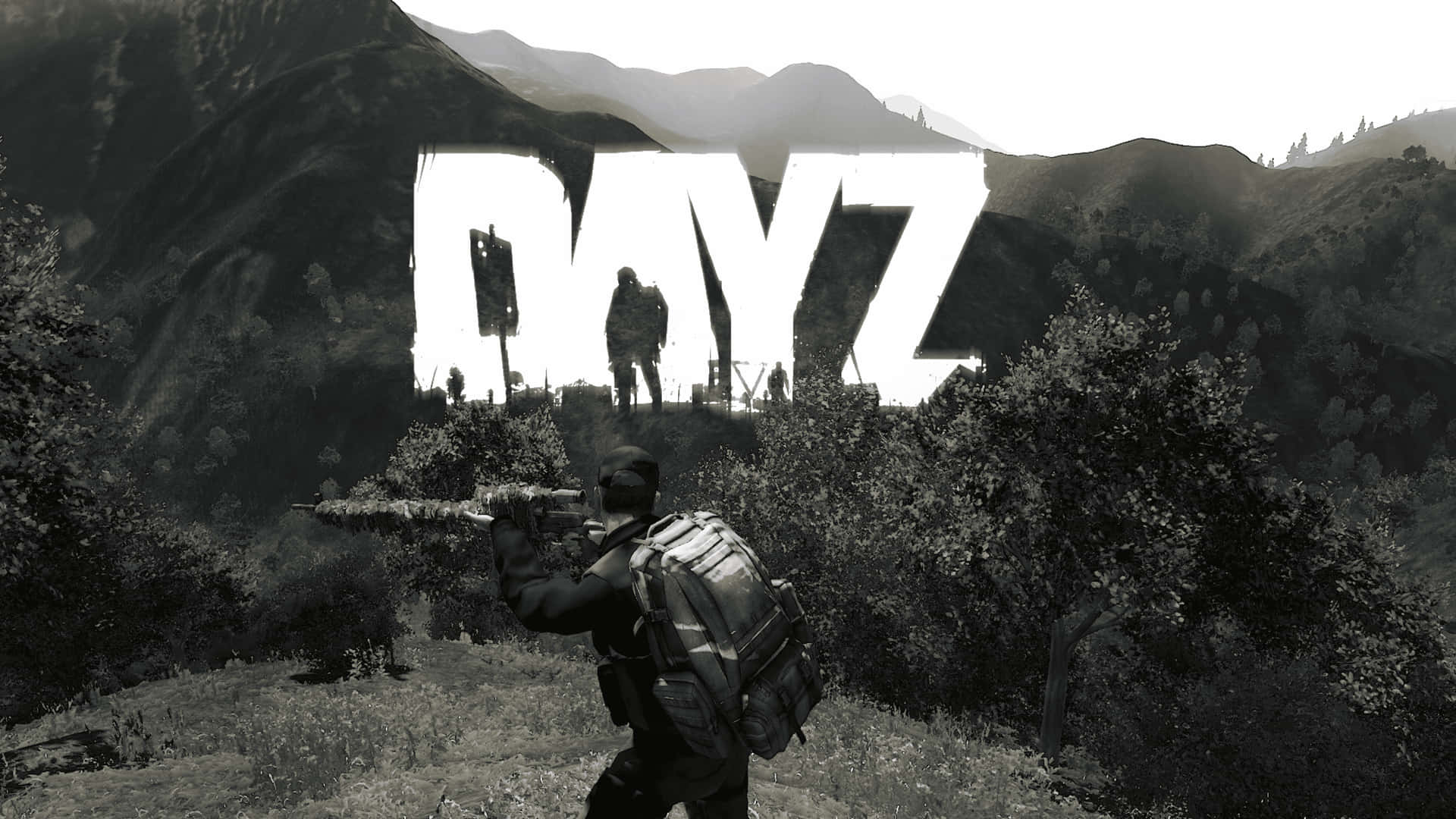 一名士兵在荒原上用步槍瞄準刻有DAYZ字樣的山坡。 — 4K 壁紙