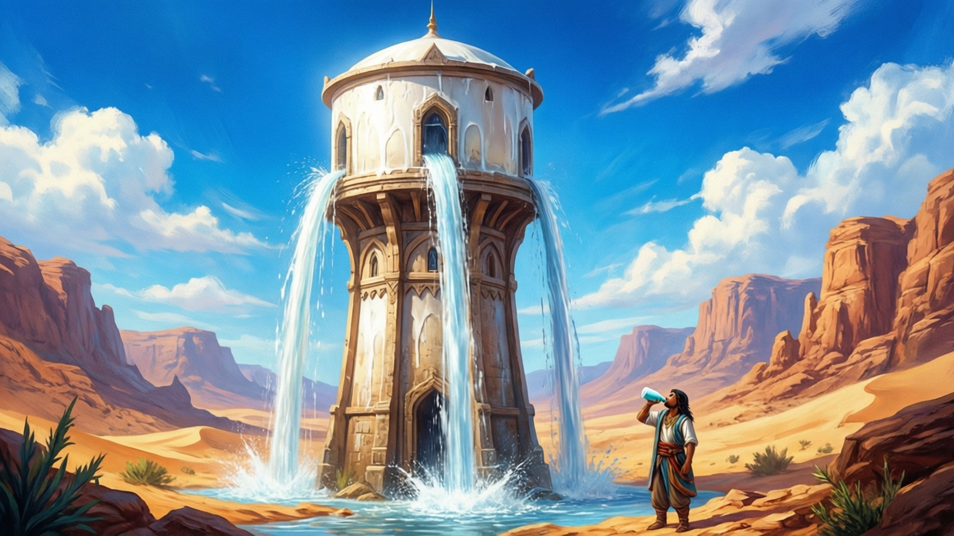 Water of Life 壁紙 — 一位孤獨的旅行者在陽光普照的沙漠峽谷中，從華麗塔樓傾瀉而下的雄偉瀑布下的水池中飲水。
