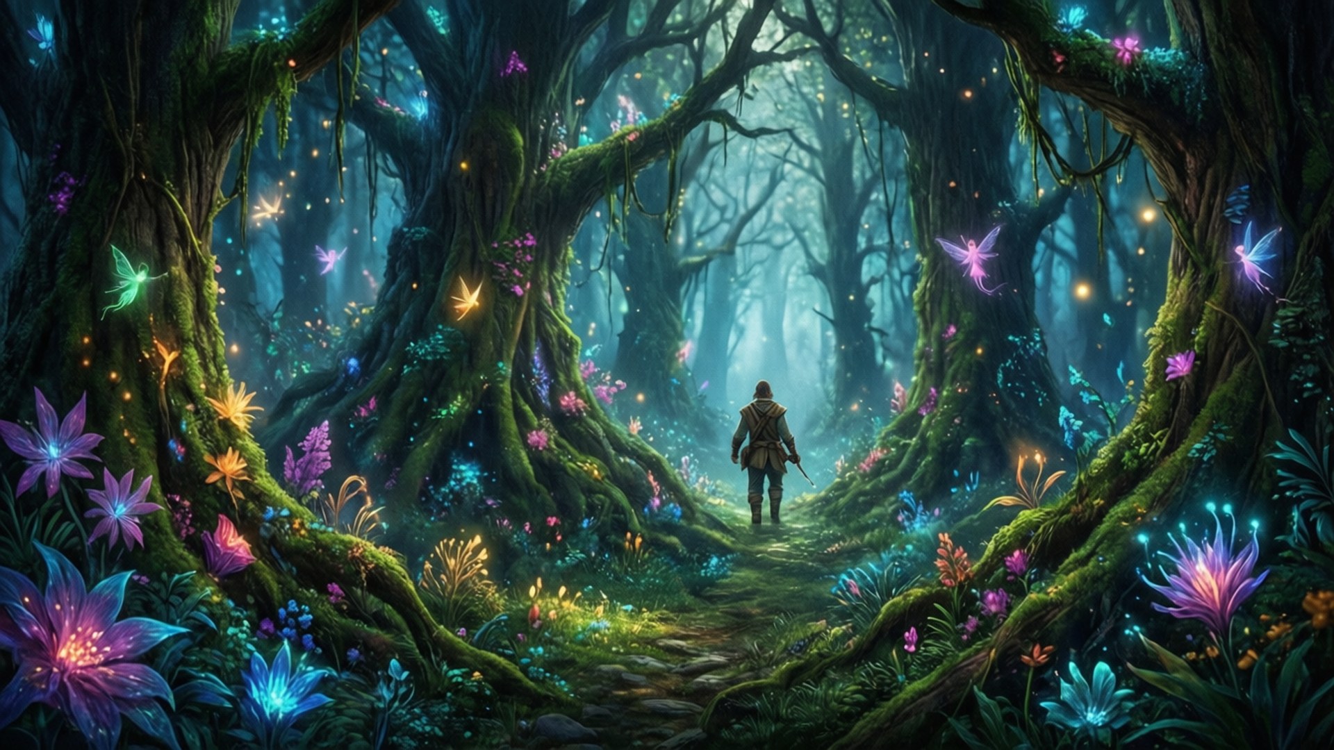 Fairy Woods 壁紙 — 一位孤獨的旅人走過一片神秘的森林，森林中閃爍著生物發光的花朵和飄動的仙女，籠罩在霧氣繚繞的樹冠下。