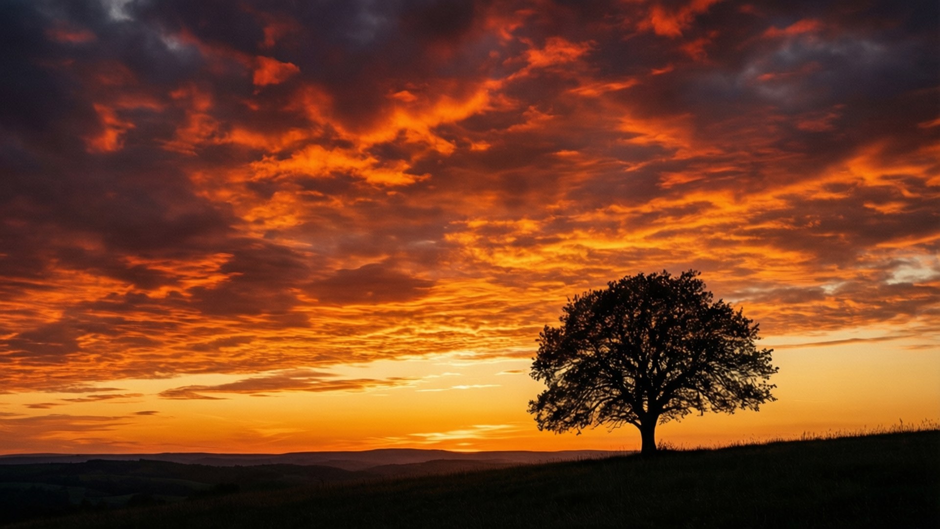 Solitary Sunset 壁紙 — 一棵孤樹在連綿起伏的山丘上，映襯著火紅橙色的日落天空，形成剪影。