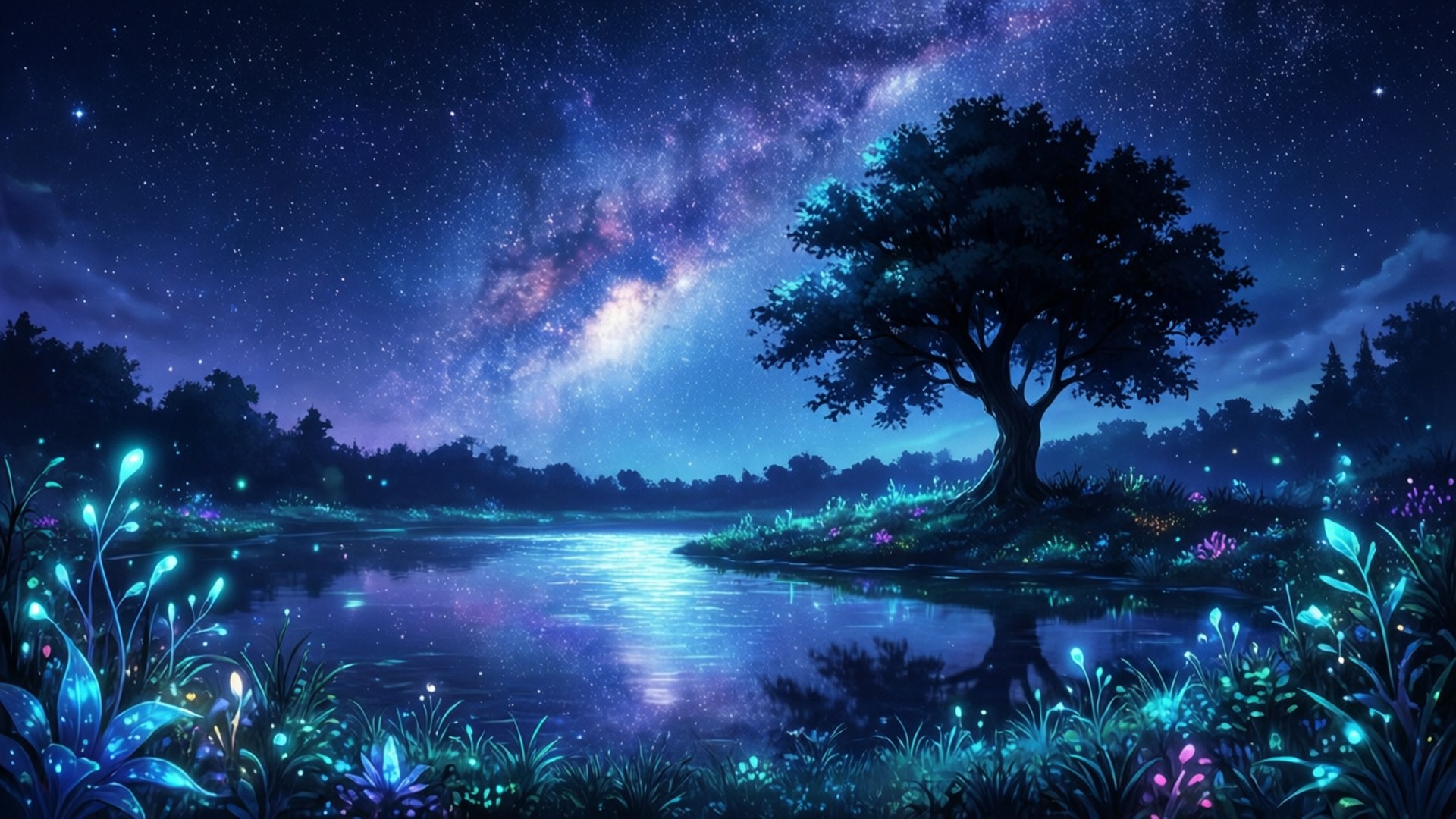 Aesthetic Anime Landscape 桌布 壁紙 — 一棵孤獨的樹立在發光的河邊，星空下有一條充滿活力的銀河拱在頭頂。