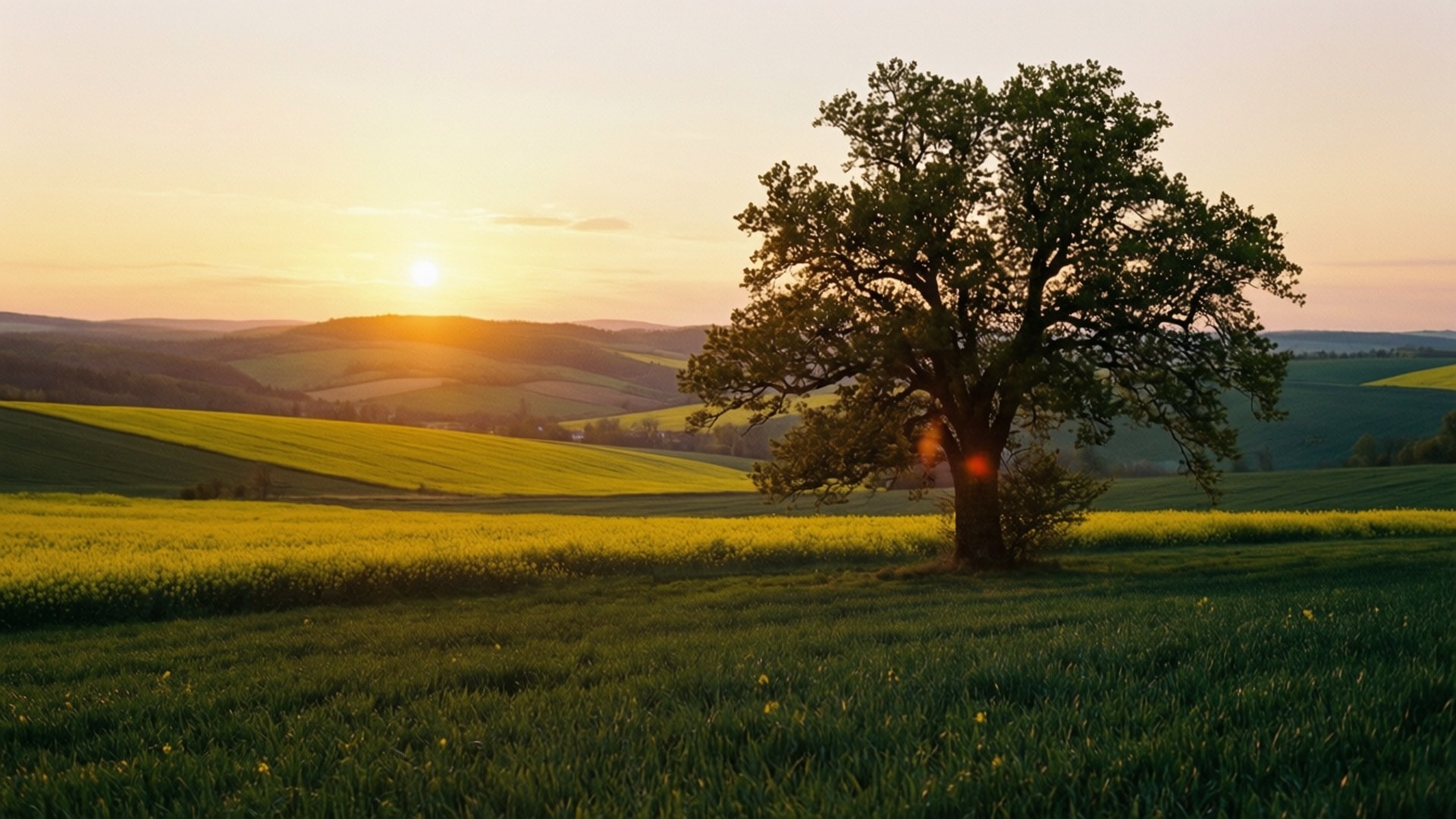 Czech Countryside Sunset 壁紙 — 一棵孤獨的樹矗立在陽光明媚的草地上，綠草如茵，黃花點綴，夕陽在連綿起伏的山丘上落下。