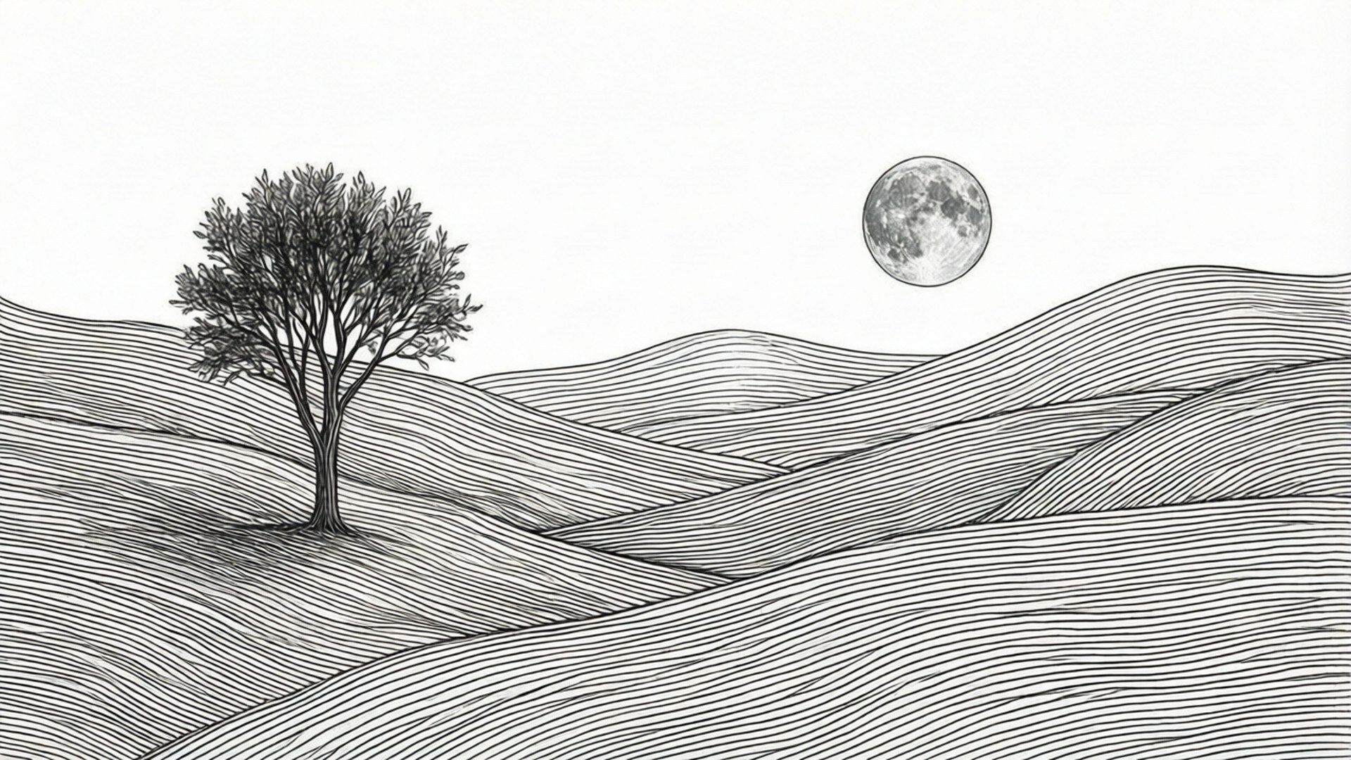 Minimal Line Art Hills 壁紙 — 一棵孤樹矗立在起伏的山丘上，下方是細節豐富的滿月，以極簡黑白線條繪製。