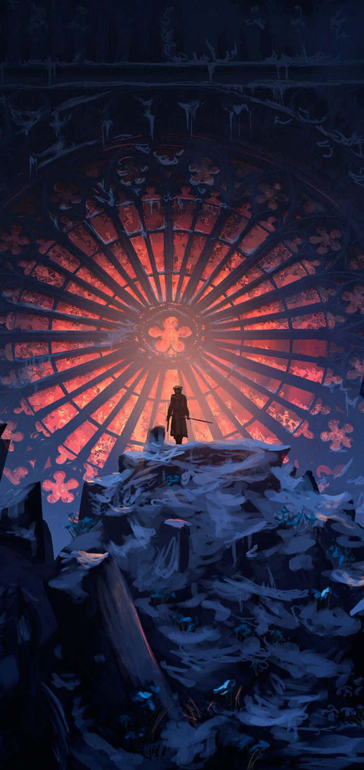  壁紙 — 一個孤獨的戰士站在白雪覆蓋的懸崖頂上，面前是一個巨大的、發光的彩色玻璃窗，散發出火紅的光芒。