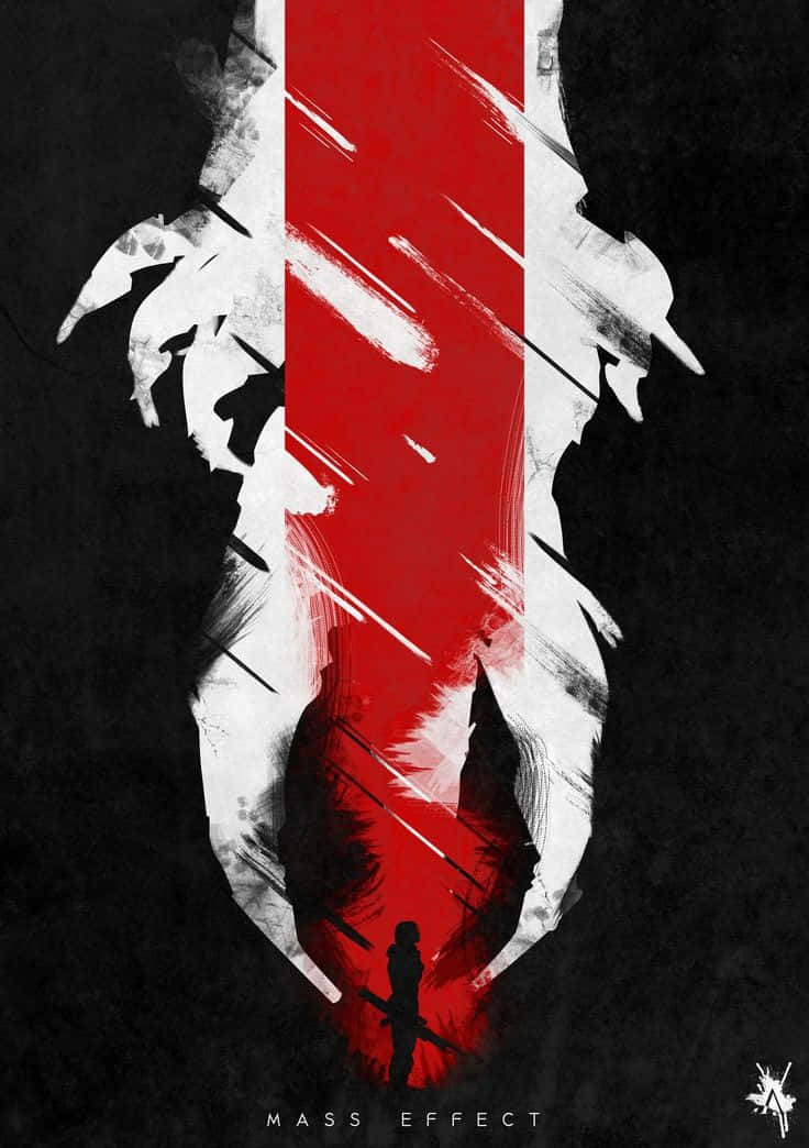 Mass Effect Trilogy 桌布 壁紙 — 一位孤獨的戰士站在破碎的紅白徽章下，背景是深色紋理。