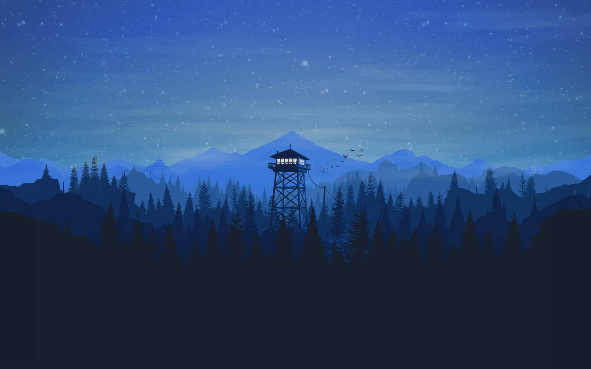  壁紙 — 一座孤獨的瞭望塔在繁星點點的夜空下溫暖地發光，下方是剪影般的森林和遠山。