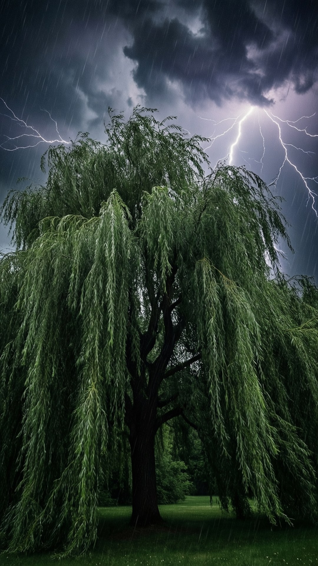 暴風雨中的垂柳，伴隨閃電和雨水。