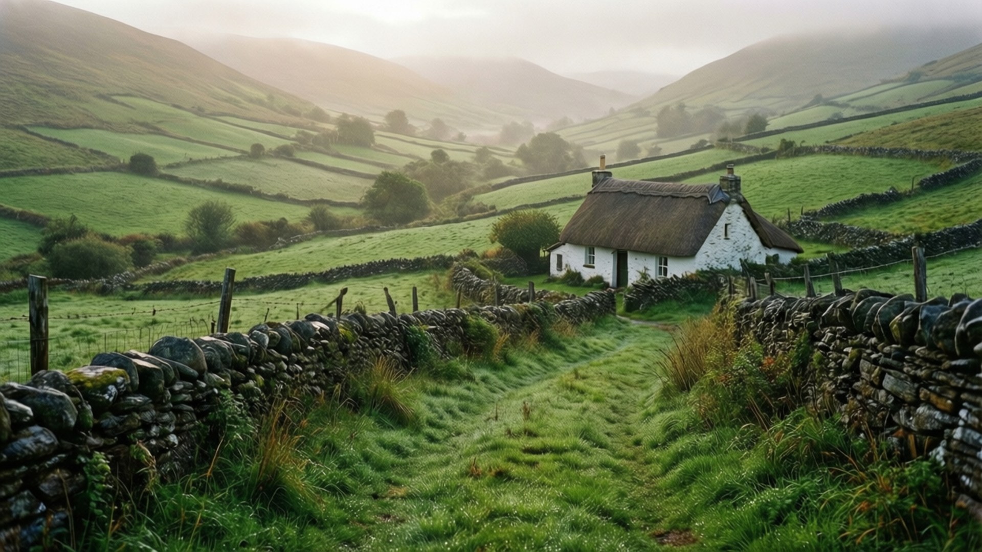 Emerald Countryside Cottage 壁紙 — 一座孤獨的白色茅草屋坐落於霧氣瀰漫的綠色山谷中，周圍環繞著起伏的丘陵和石牆。