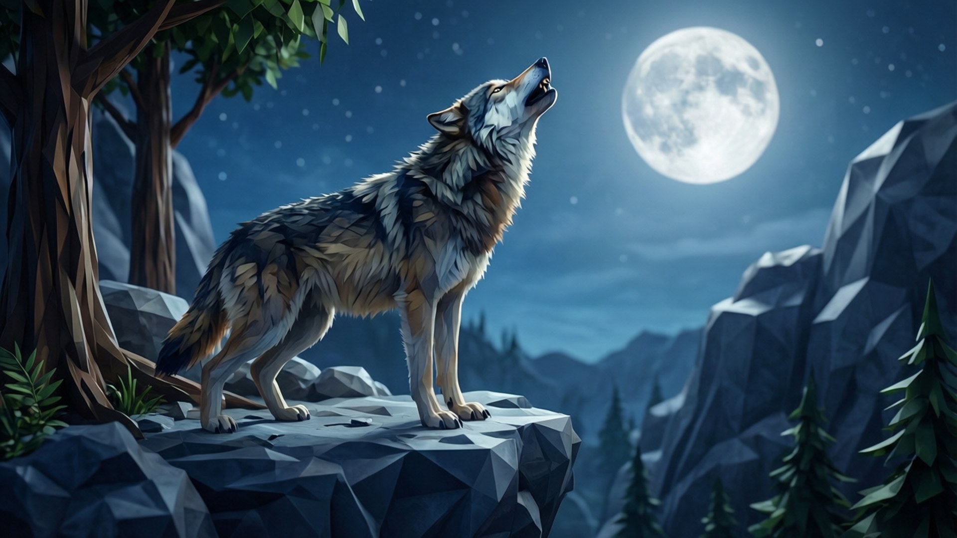 Wolf Howling Moon 壁紙 — 一隻孤狼在滿月下嚎叫，棲息在岩石懸崖上，星空夜空下，有松樹和鋸齒狀的山脈。