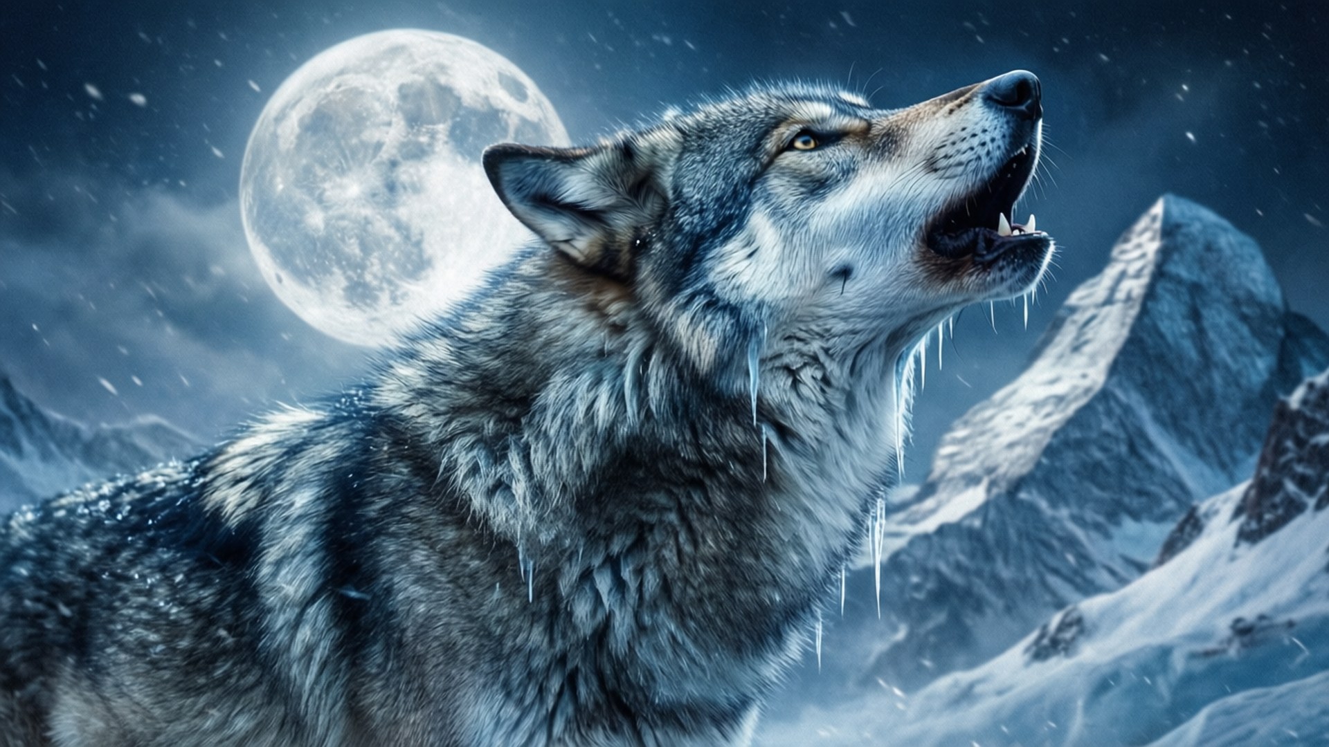 Howl of the Ice Wolf 壁紙 — 一隻孤狼在滿月下嚎叫，口鼻處掛著冰柱，背景是雪山。