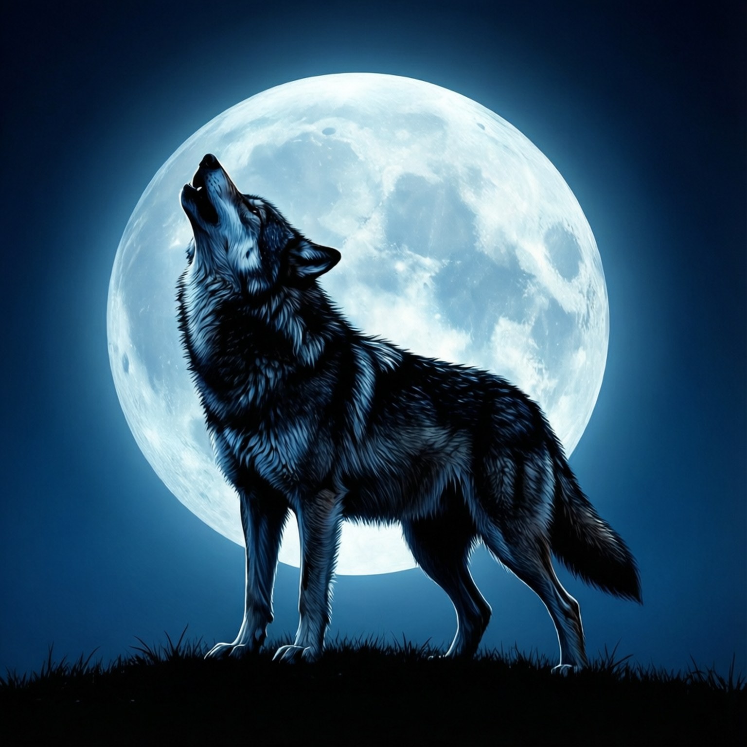 Wolf Howling Moon 壁紙 — 一匹孤獨的狼對著巨大的發光滿月嚎叫，藍光灑在牠的皮毛和下面的草地上。