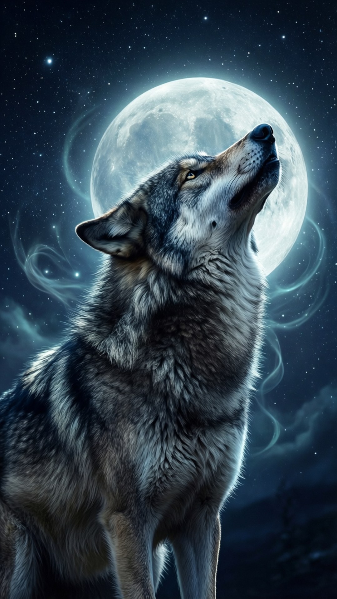Wolf Howling at Moon 壁紙 — 一匹孤獨的狼對著繁星點點的夜空嚎叫，身後是一輪巨大的發光月亮。