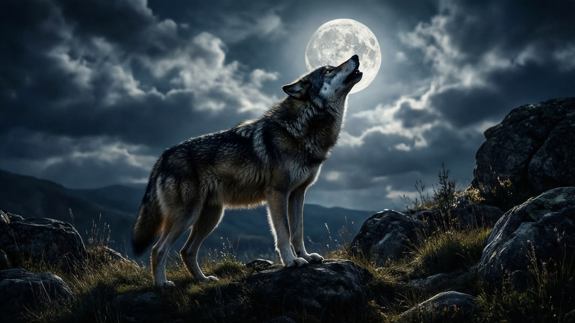 Wolf Howling Moon 壁紙 — 一隻孤獨的狼在岩石地形上，對著滿月，在戲劇性的多雲夜空下嚎叫。