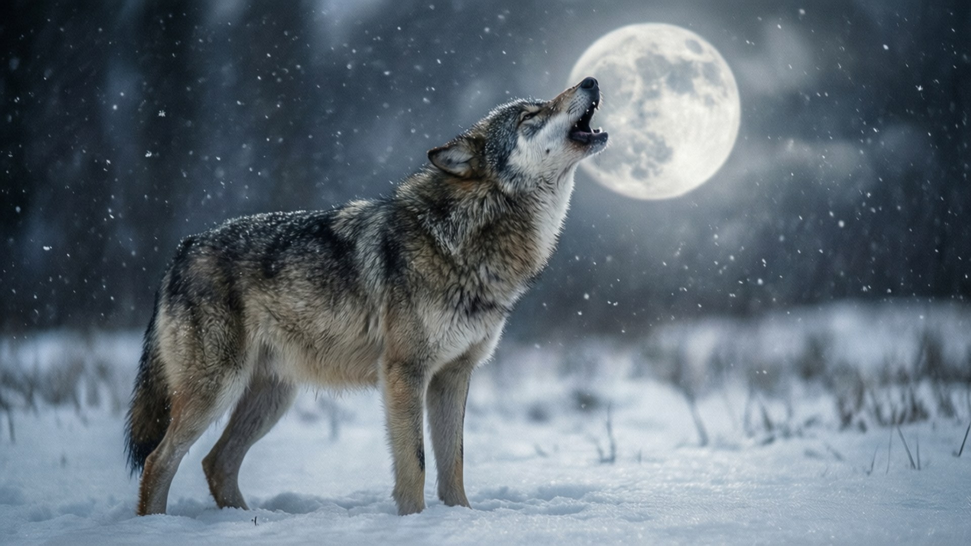 Grey Wolf Howling 壁紙 — 一隻孤獨的狼在雪地森林中向上嚎叫，滿月在飄落的雪花後發光。