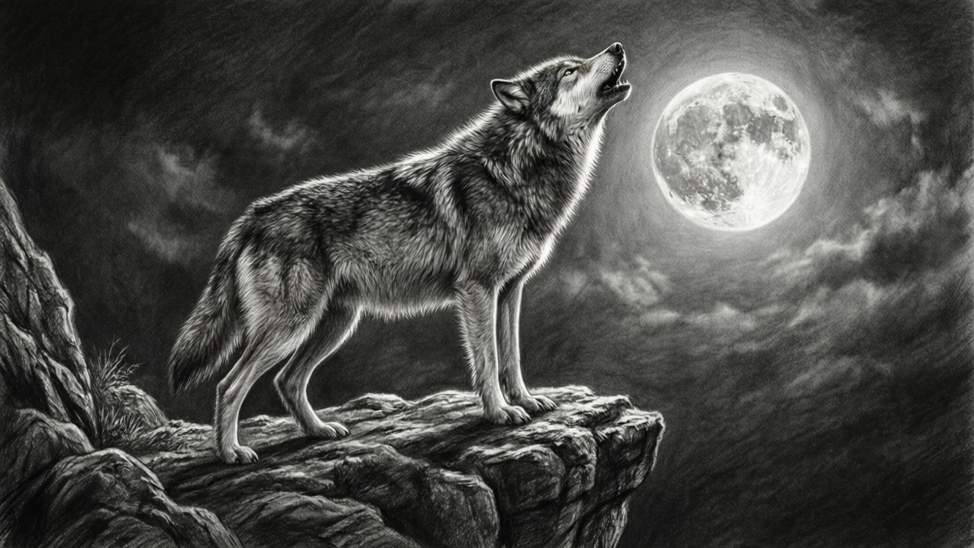 Moonlit Wolf Graphite 壁紙 — 一匹孤狼站在岩石懸崖上，在陰雲密布的夜空下對著滿月嚎叫。